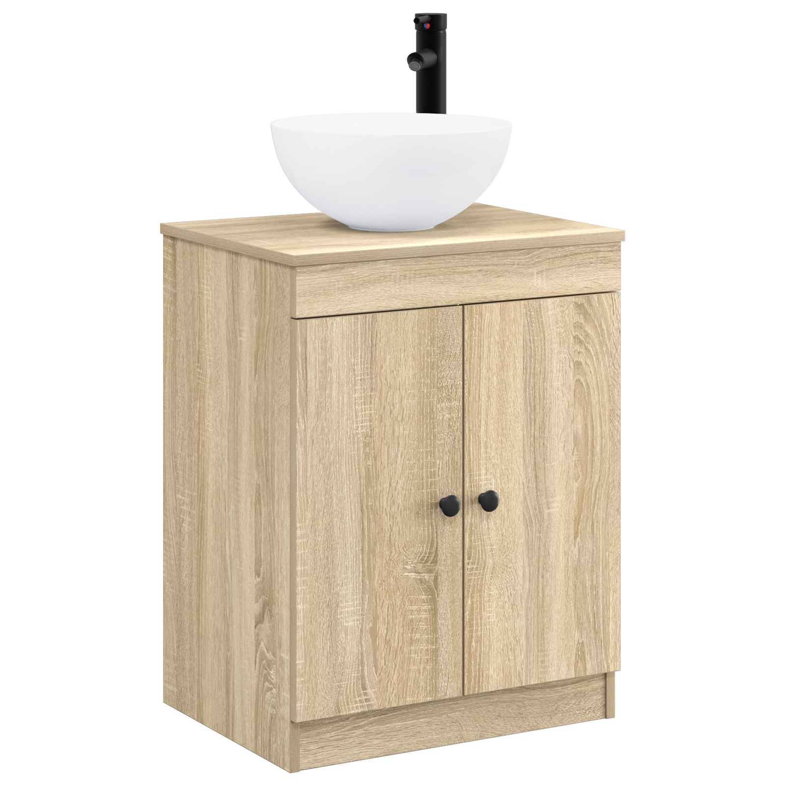 Badezimmerschrank mit Waschbeckenunterschrank aus hellem Holz mit zwei Türen, gekrönt von einem weißen Aufsatzwaschbecken und schwarzem Wasserhahn auf weißem Hintergrund.