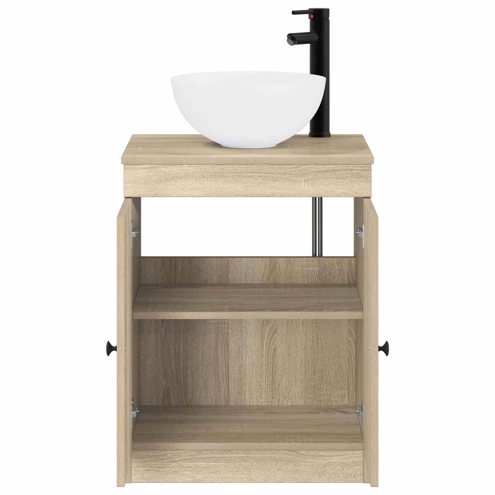 Helles Holz-Badezimmerwaschbeckenunterschrank mit offenem Regal, weißem Aufsatzwaschbecken und schwarzem Wasserhahn oben.