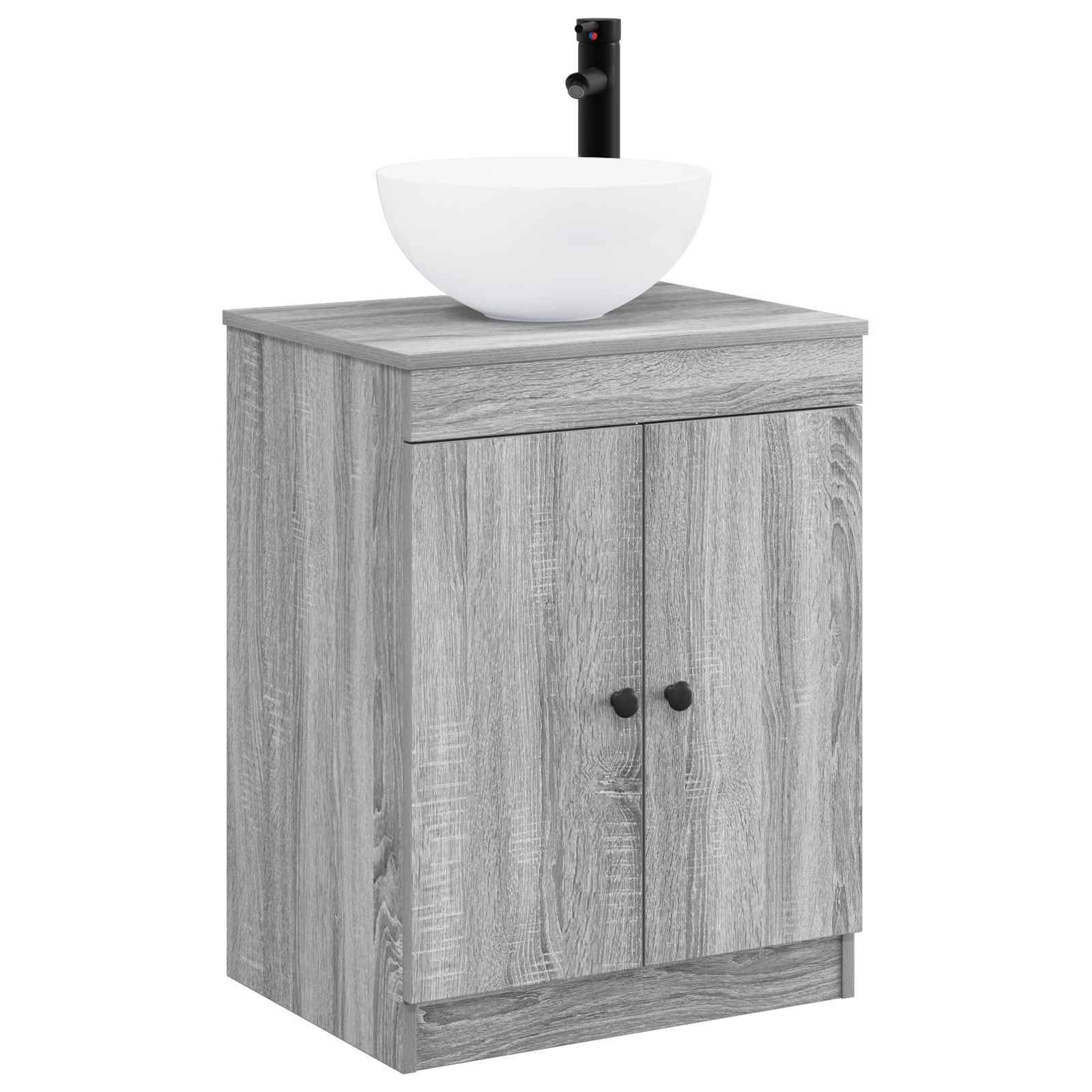 Graues Holz-Badezimmerwaschtischschrank mit Doppeltüren und einem weißen Aufsatzwaschbecken mit schwarzem Wasserhahn oben