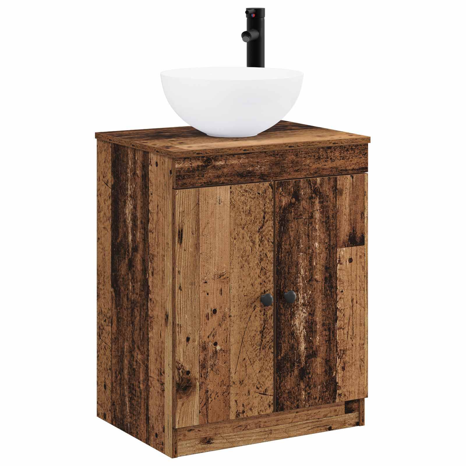 Rustikales Badezimmerwaschtisch aus Holz mit weißem Aufsatzwaschbecken und schwarzem Wasserhahn, vor neutralem Hintergrund.