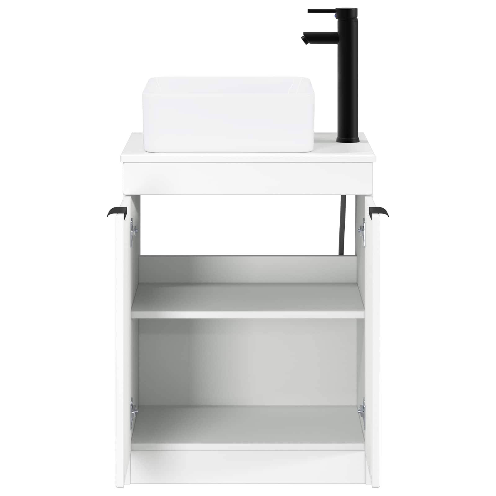 Weißes Badezimmer-Waschtischschrank mit integriertem Waschbecken und schwarzem Wasserhahn, Vorderansicht mit offenen Regalen darunter.