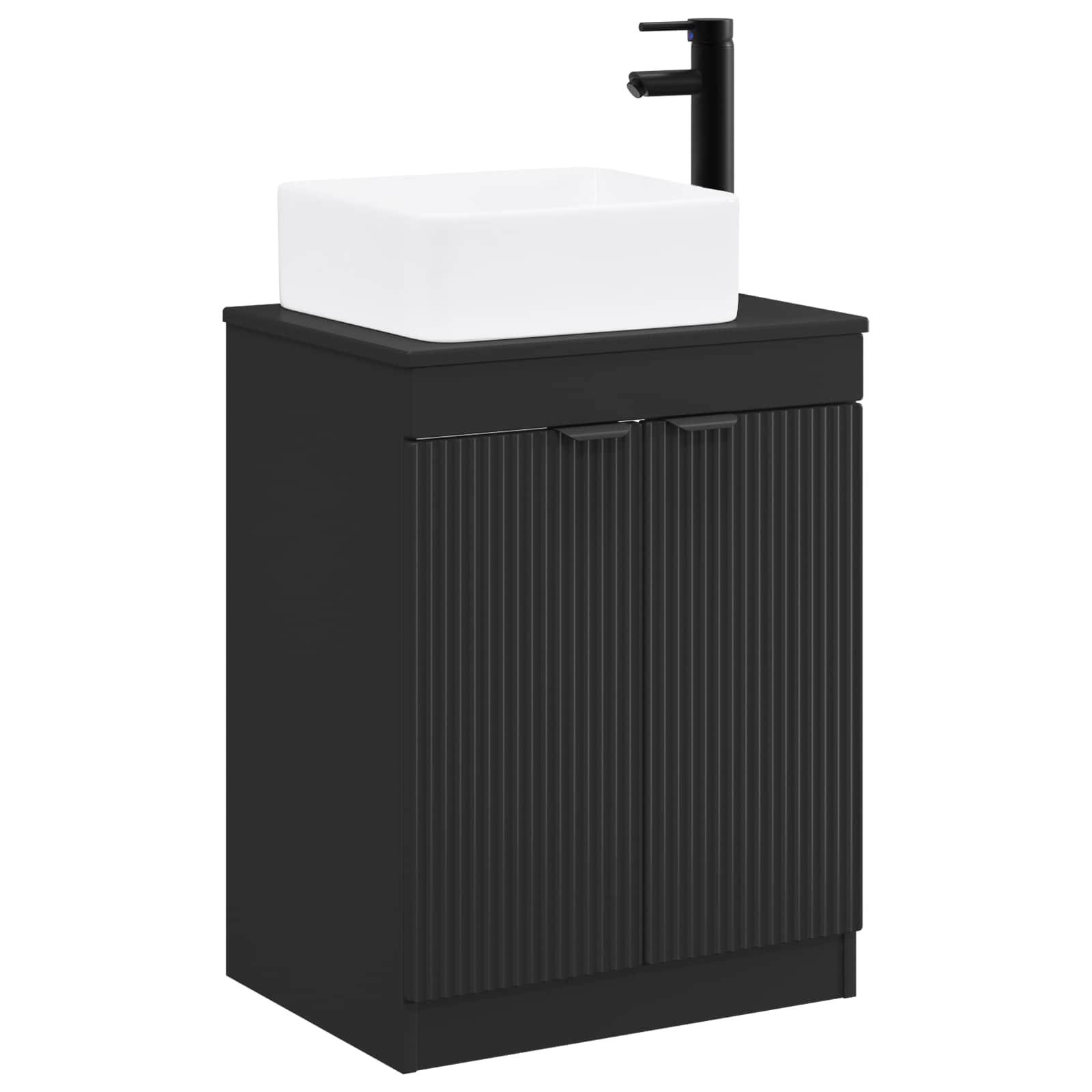 Schwarzes Badezimmer-Waschtisch-Unterschrank mit weißem Aufsatzbecken und hohem schwarzem Wasserhahn