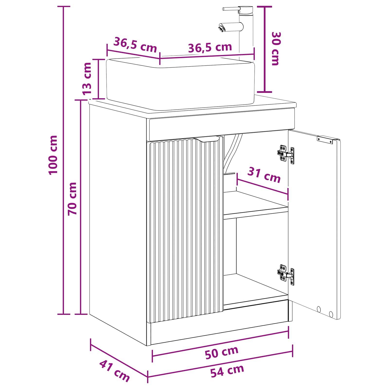 Dimensionierter Badezimmerwaschtisch mit Waschbecken und Armatur, mit Schrankmaßen: 54 cm breit, 41 cm tief, 100 cm hoch; Becken 36,5 cm x 36,5 cm.