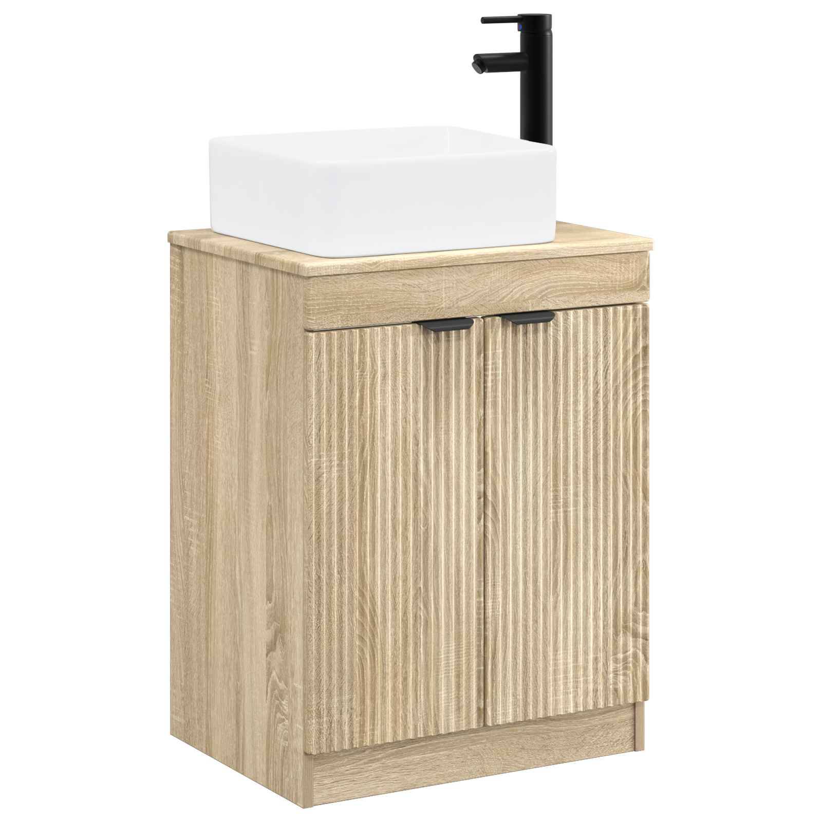 Badezimmerschrank aus hellem Holz mit weißem Aufsatzwaschbecken und schwarzem Wasserhahn.