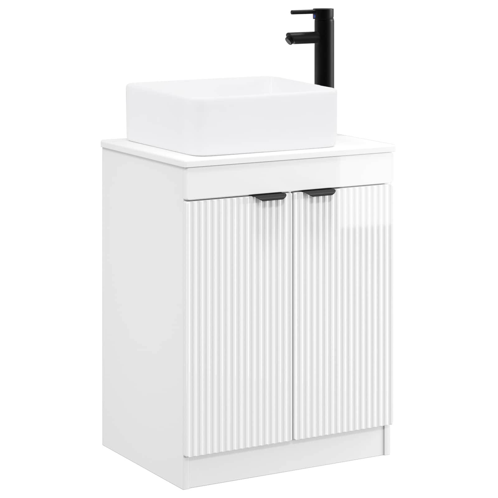 Weißes Badezimmer-Waschtischunterschrank mit rechteckigem Waschbecken und schwarzem Wasserhahn oben.