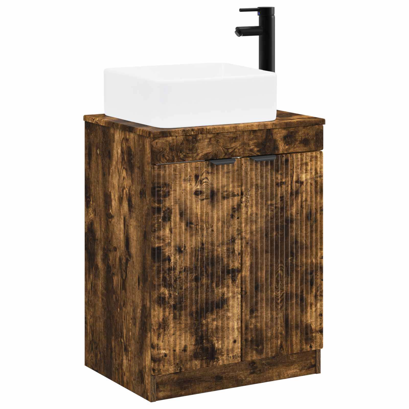 Badezimmer-Waschtischschrank mit Holzoptik, weißem quadratischem Aufsatzwaschbecken und schwarzem Wasserhahn.
