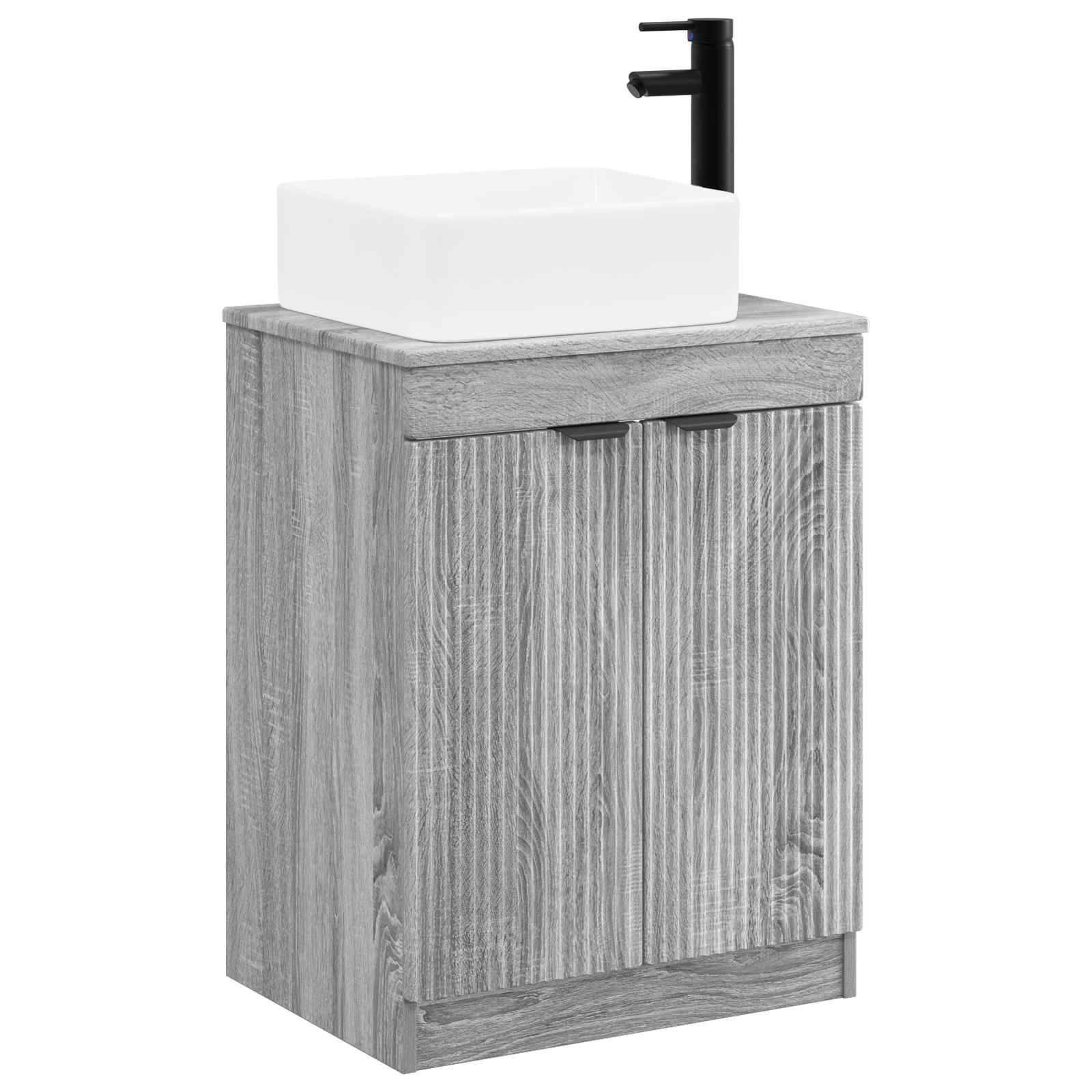 Grauer Holz-Badezimmerschrank mit einem weißen rechteckigen Aufsatzwaschbecken und schwarzem Wasserhahn oben.