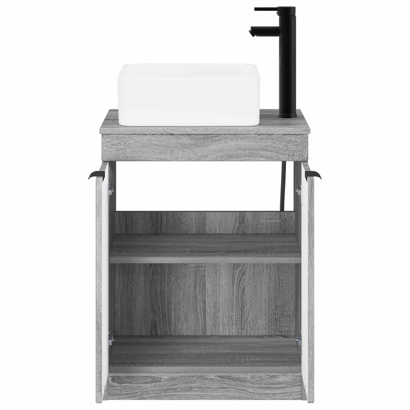 Graue Badezimmer-Waschtischanlage aus Holz mit offenem Schrank, rechteckigem weißem Waschbecken und schwarzem Wasserhahn auf der rechten Seite.