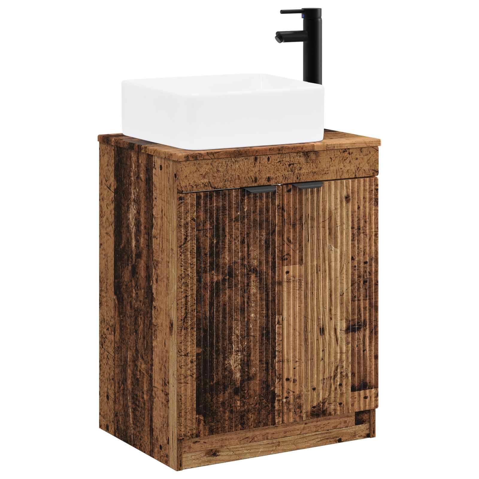 Rustikales Holz-Badezimmerschrank mit weißem rechteckigem Waschbecken und matter schwarzer Armatur auf einem schlichten weißen Hintergrund.