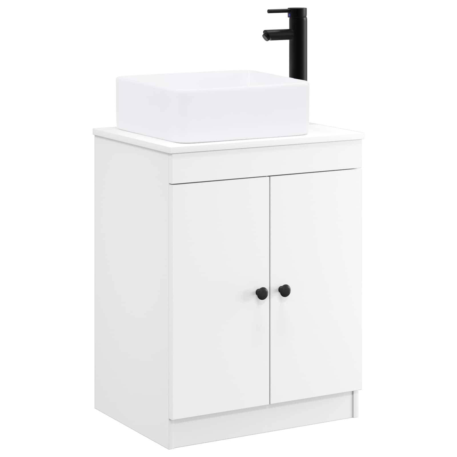 Weißer Badezimmerschrank mit rechteckigem Waschbecken oben und mattschwarzem Wasserhahn, dargestellt vor einfachem weißem Hintergrund.