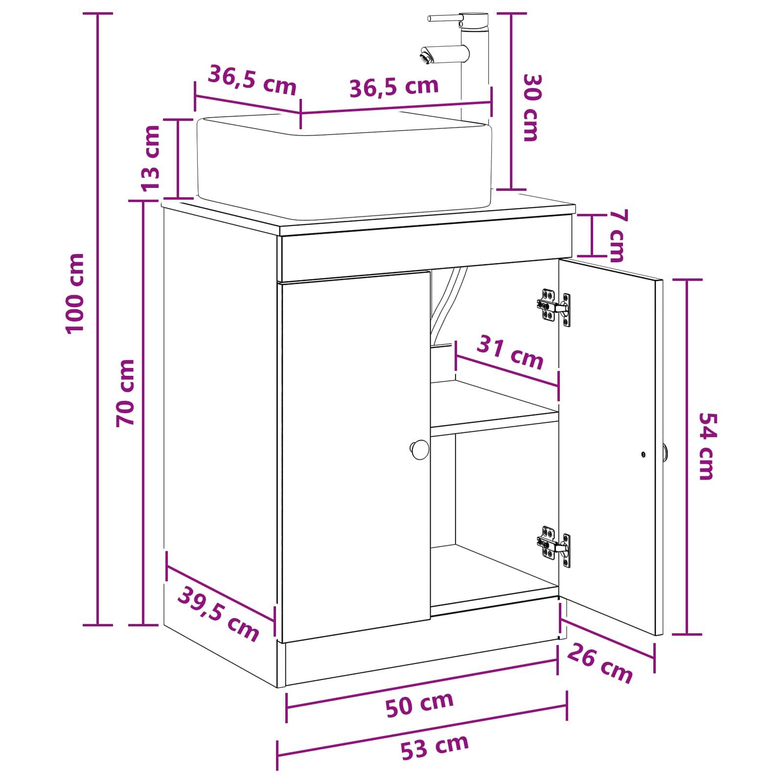 Bemaßte Zeichnung eines Badezimmervandschranks mit Waschbecken, die Schrank- und Waschbeckenmessungen in Zentimetern zeigt, einschließlich 53 cm Breite, 100 cm Höhe und 50 cm Tiefe.