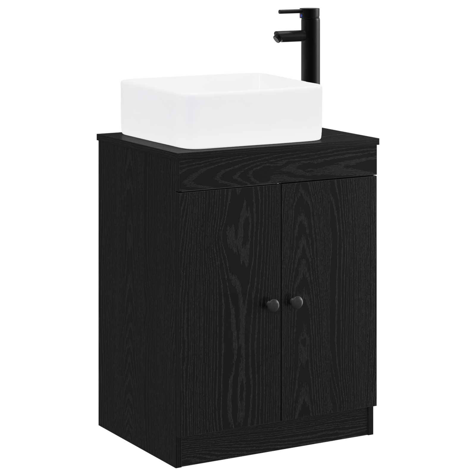 Schwarzes Holz-Badezimmermöbel mit einem weißen Aufsatzwaschbecken und mattschwarzem Wasserhahn auf einem schlichten weißen Hintergrund.