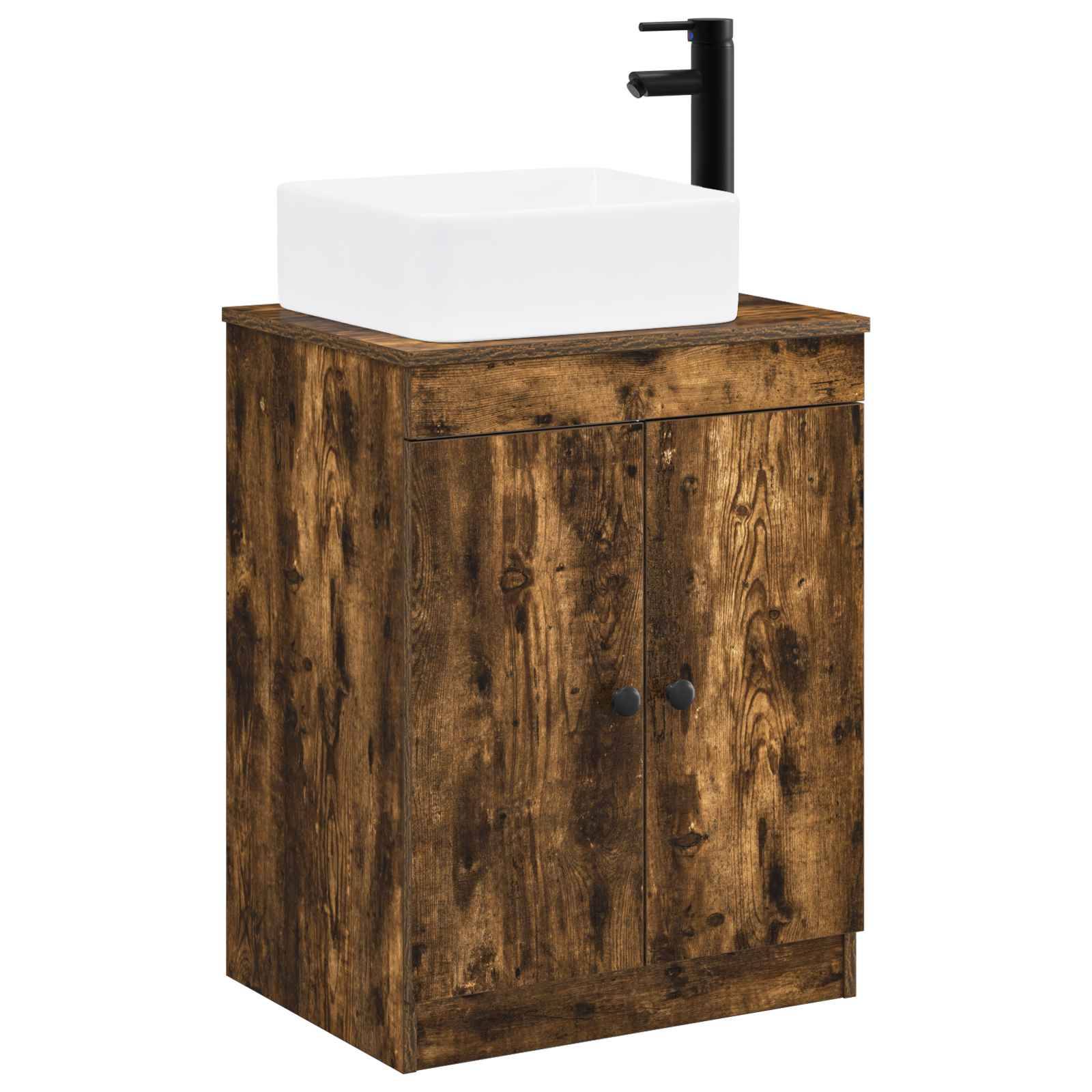 Badezimmer-Waschtischschrank mit Holzoptik, weißes Aufsatzbecken und schwarzer Wasserhahn, vor neutralem Hintergrund dargestellt.