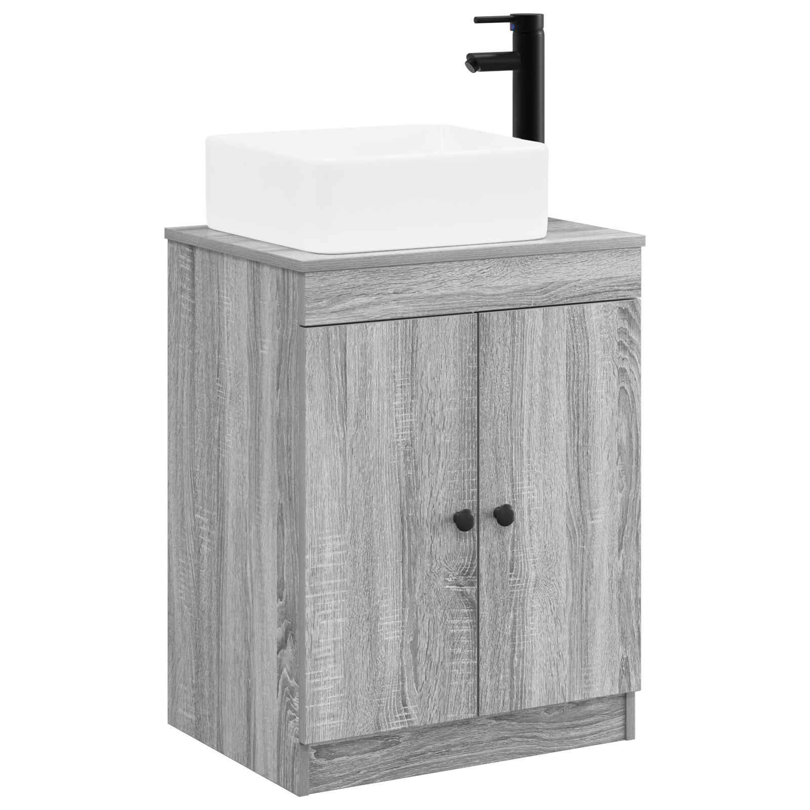 Grauer Holz-Badezimmerschrank mit weißem rechteckigem Waschbecken und schwarzem Wasserhahn
