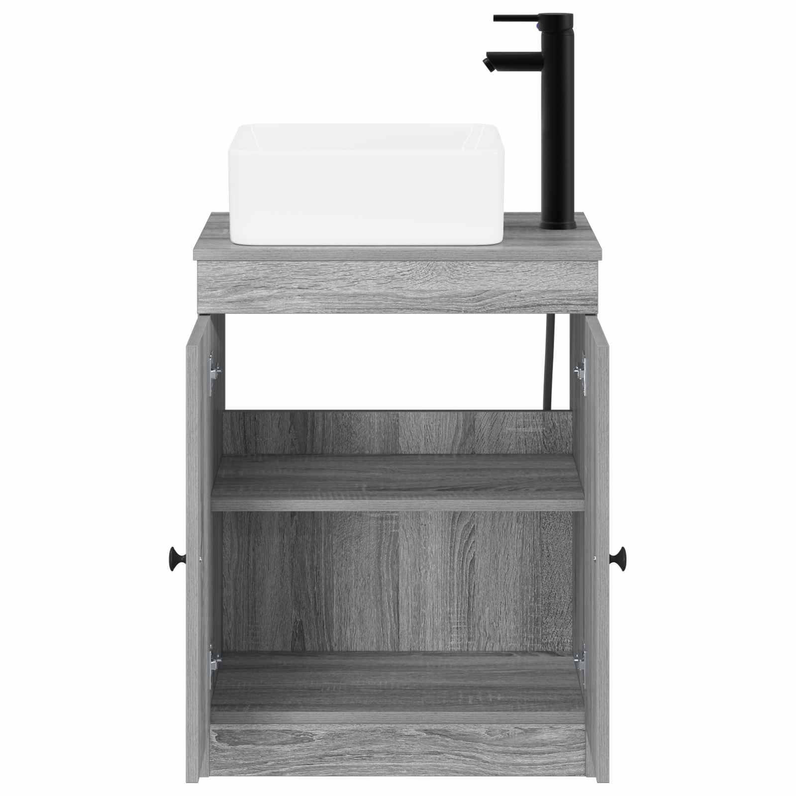Graues Badezimmer-Waschtischset aus Holz mit weißem Waschbecken und schwarzem Wasserhahn, mit offenem Schrank mit Regal und Stauraum.