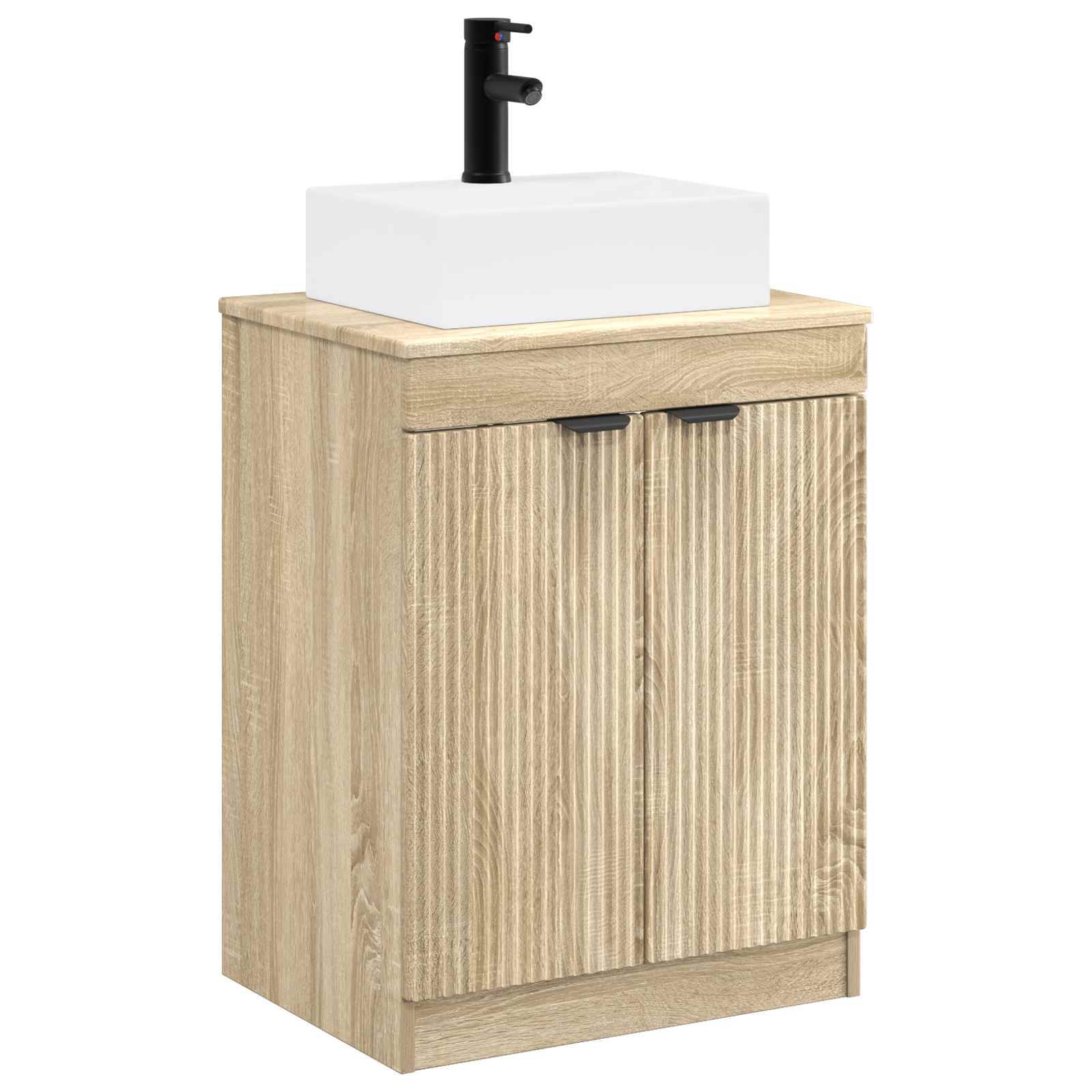 Holzwaschtischschrank im Badezimmer mit weißer Arbeitsplatte und schwarzem Aufsatzwaschbecken-Wasserhahn, gezeigt vor einem weißen Hintergrund.