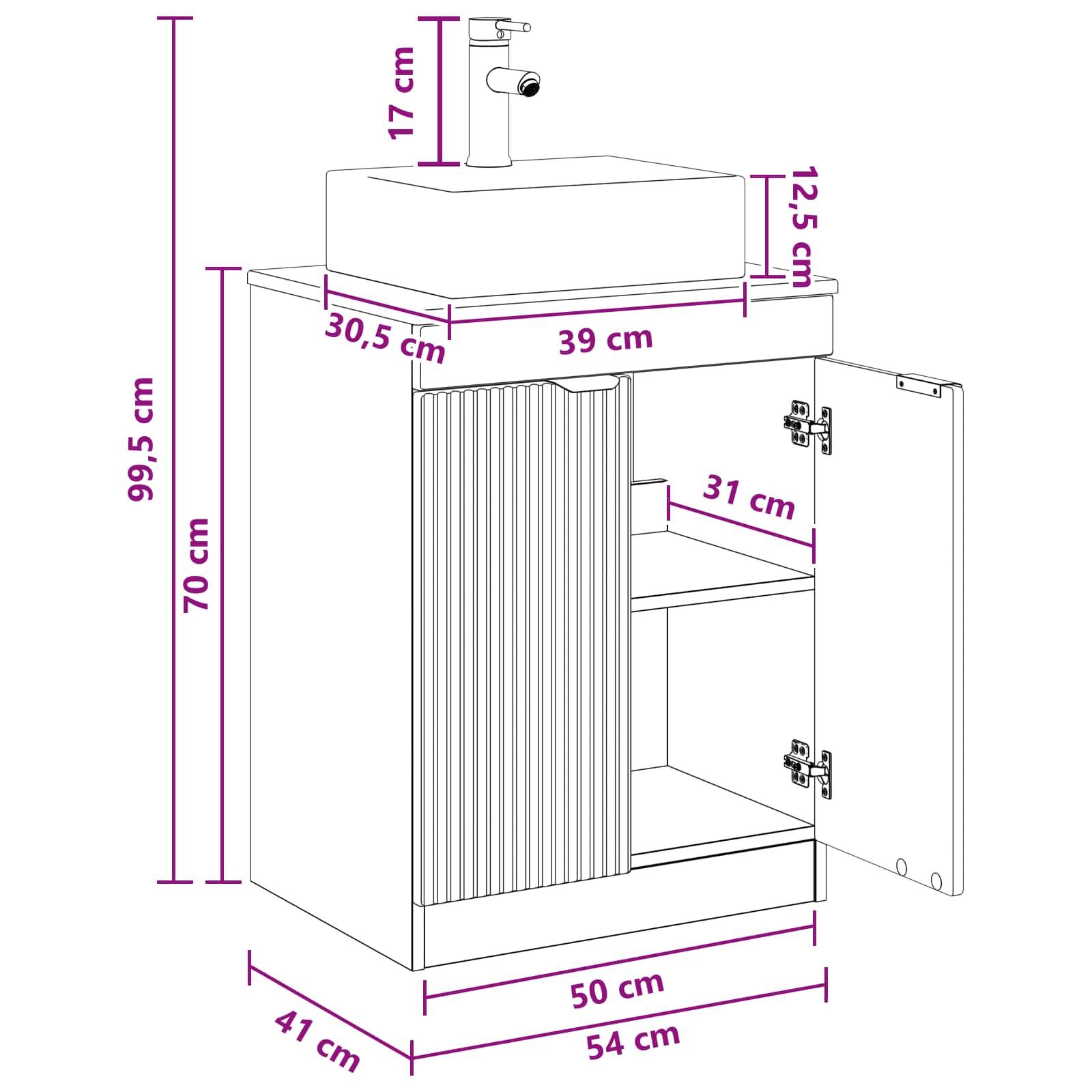 Dimensionierter Badezimmerschrank mit Waschbecken und Wasserhahn, geöffnet zur Darstellung der Regale; beschriftete Abmessungen umfassen 54 cm Breite, 41 cm Tiefe und 99,5 cm Höhe.