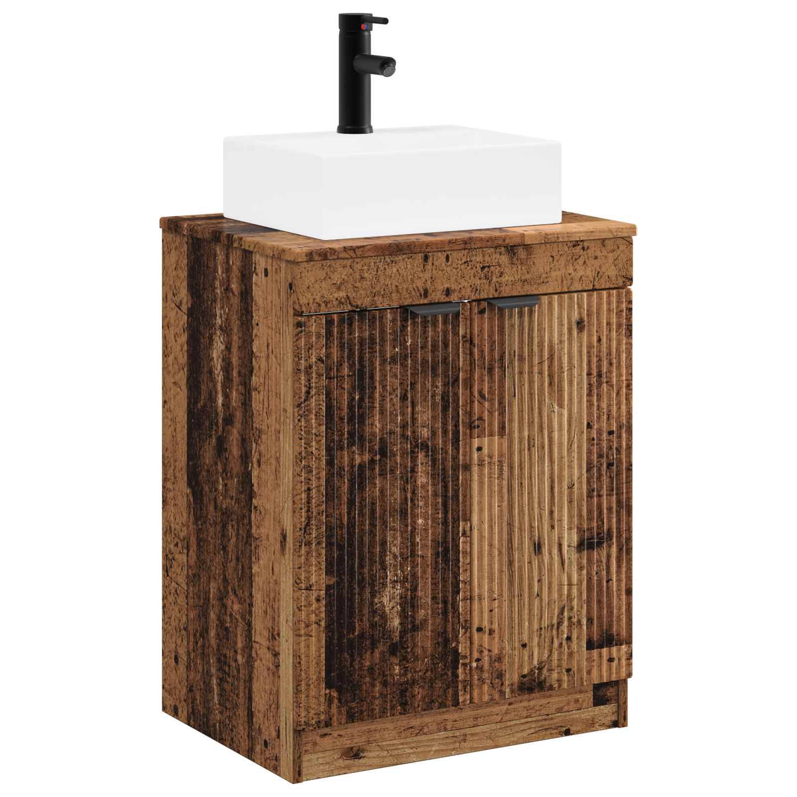 Holzwaschbeckenunterschrank im Badezimmer mit weißem Waschbeckenbecken und schwarzem Wasserhahn oben, gezeigt vor weißem Hintergrund.