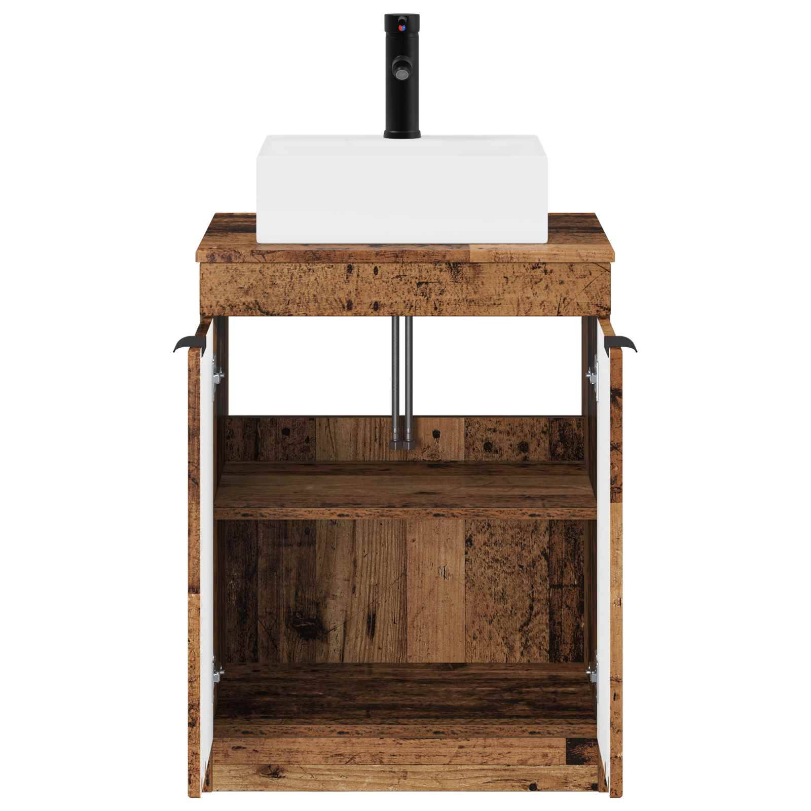 Holz-Waschtischschrank mit offenen Türen und Regalen, oben mit einem weißen rechteckigen Waschbecken und schwarzem Wasserhahn, vor weißem Hintergrund dargestellt.