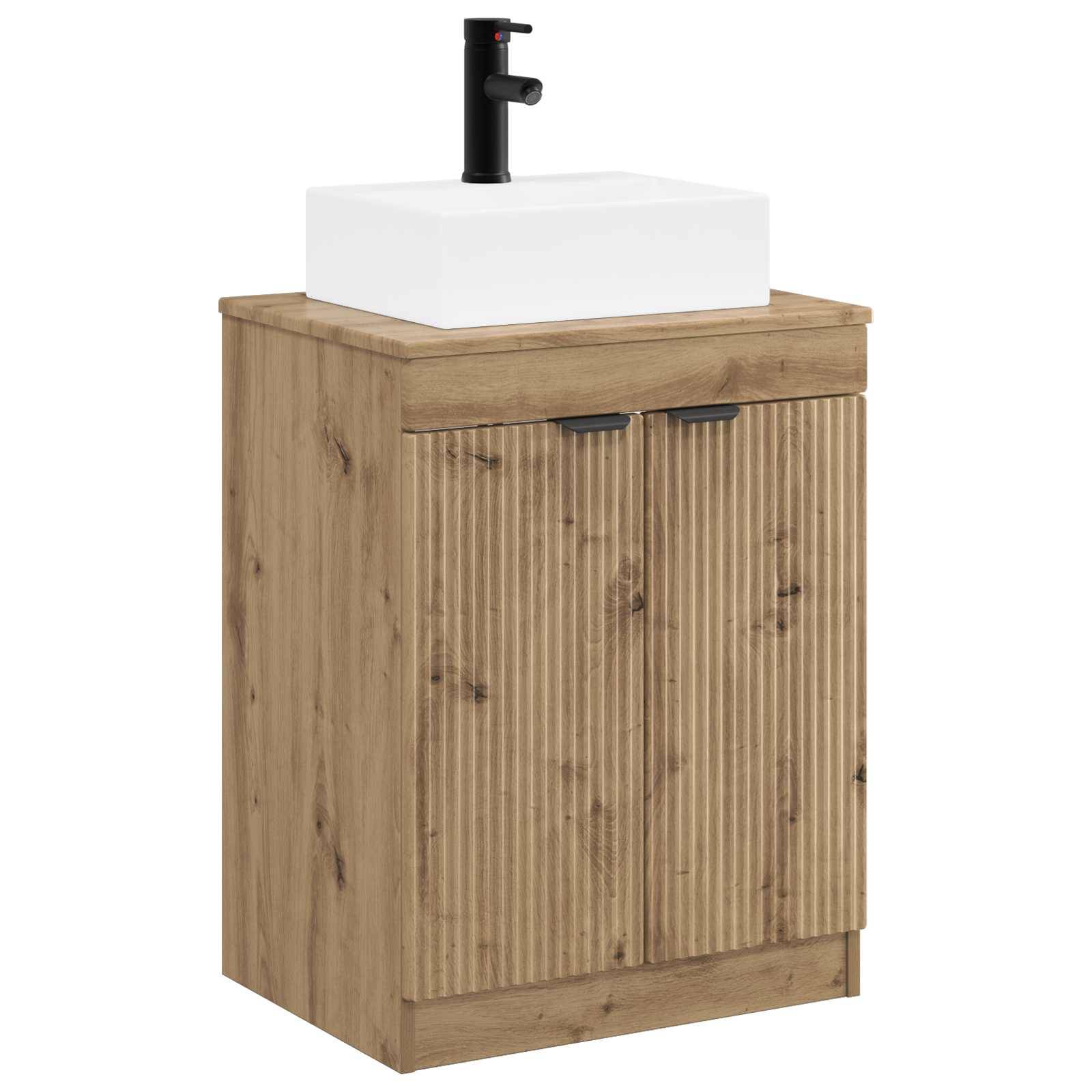 Holzwaschbeckenunterschrank im Badezimmer mit weißem Aufsatzwaschbecken und schwarzem Wasserhahn auf der Oberseite.