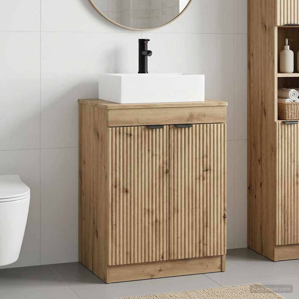 Modernes Badezimmerschränkchen mit weißem Aufsatzwaschbecken, schwarzem Wasserhahn, rundem Spiegel und Holzschrank mit Lamellenfassade neben einer passenden Lagereinheit.
