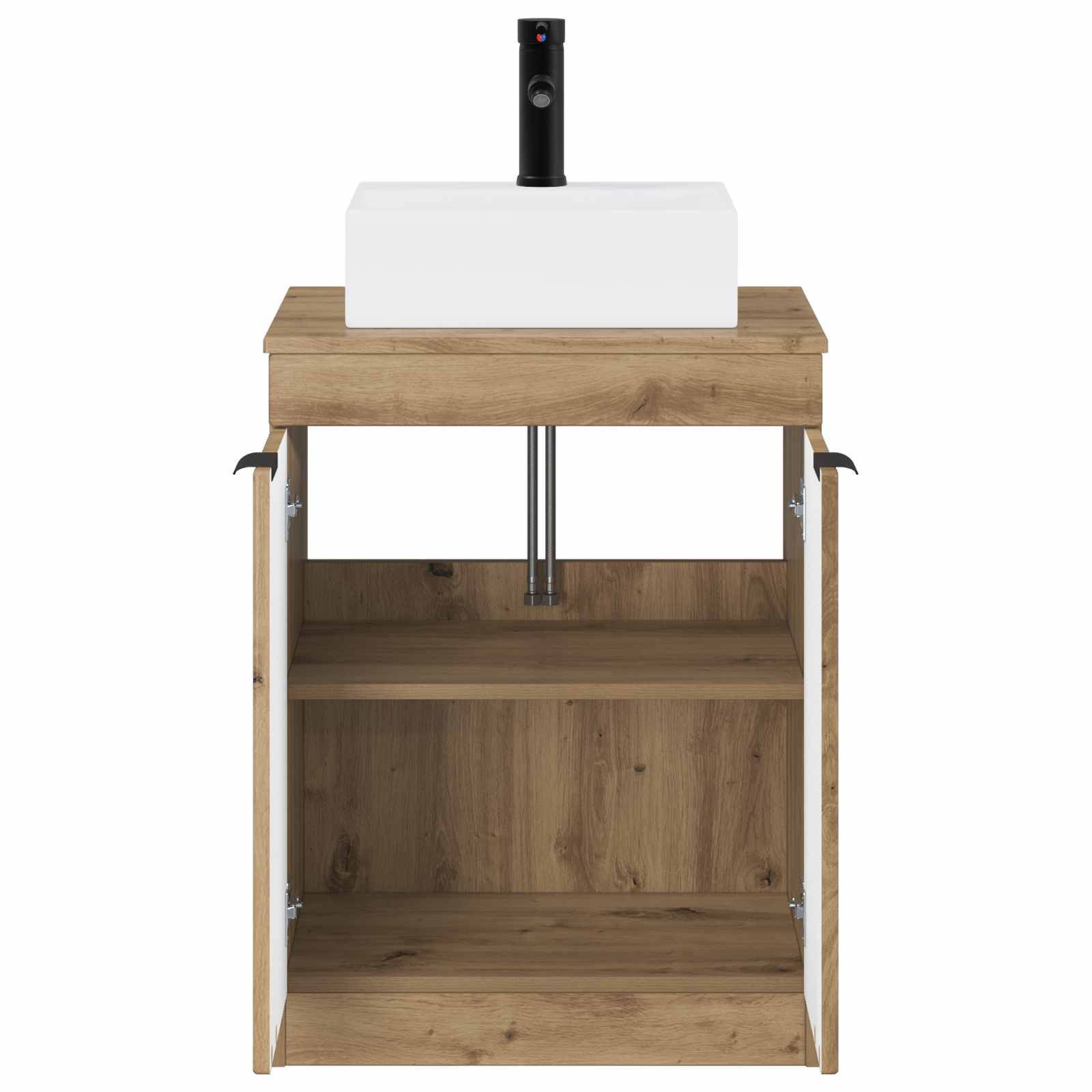 Holzschrank für Badezimmer-Waschtisch mit offenen Türen, einem weißen Aufsatzwaschbecken und einem schwarzen Wasserhahn oben.