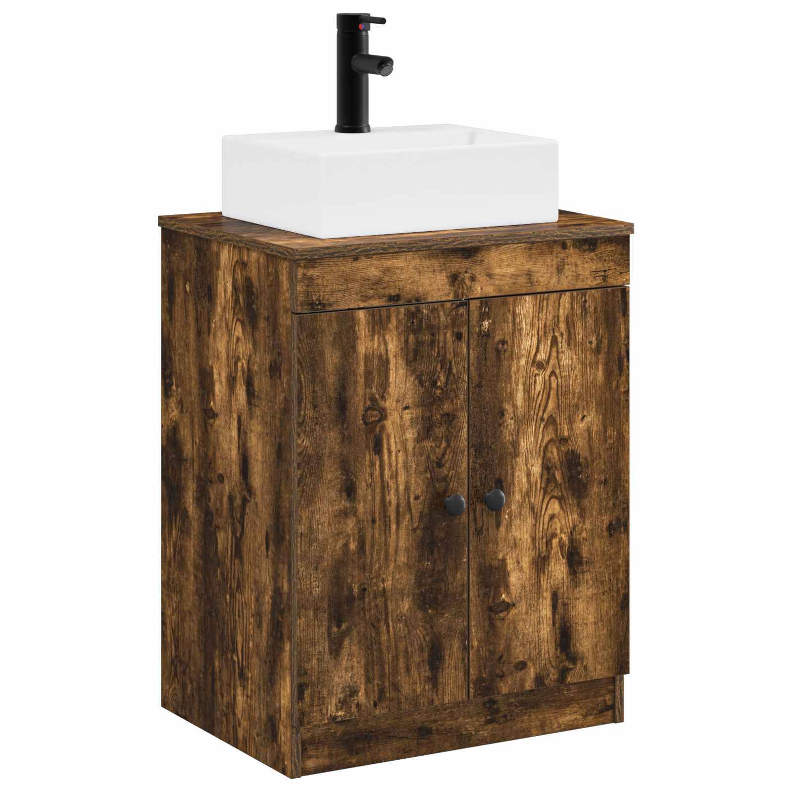 Rustikaler Holzbadezimmerschrank mit weißem Aufsatzwaschbecken und schwarzem Wasserhahn oben.