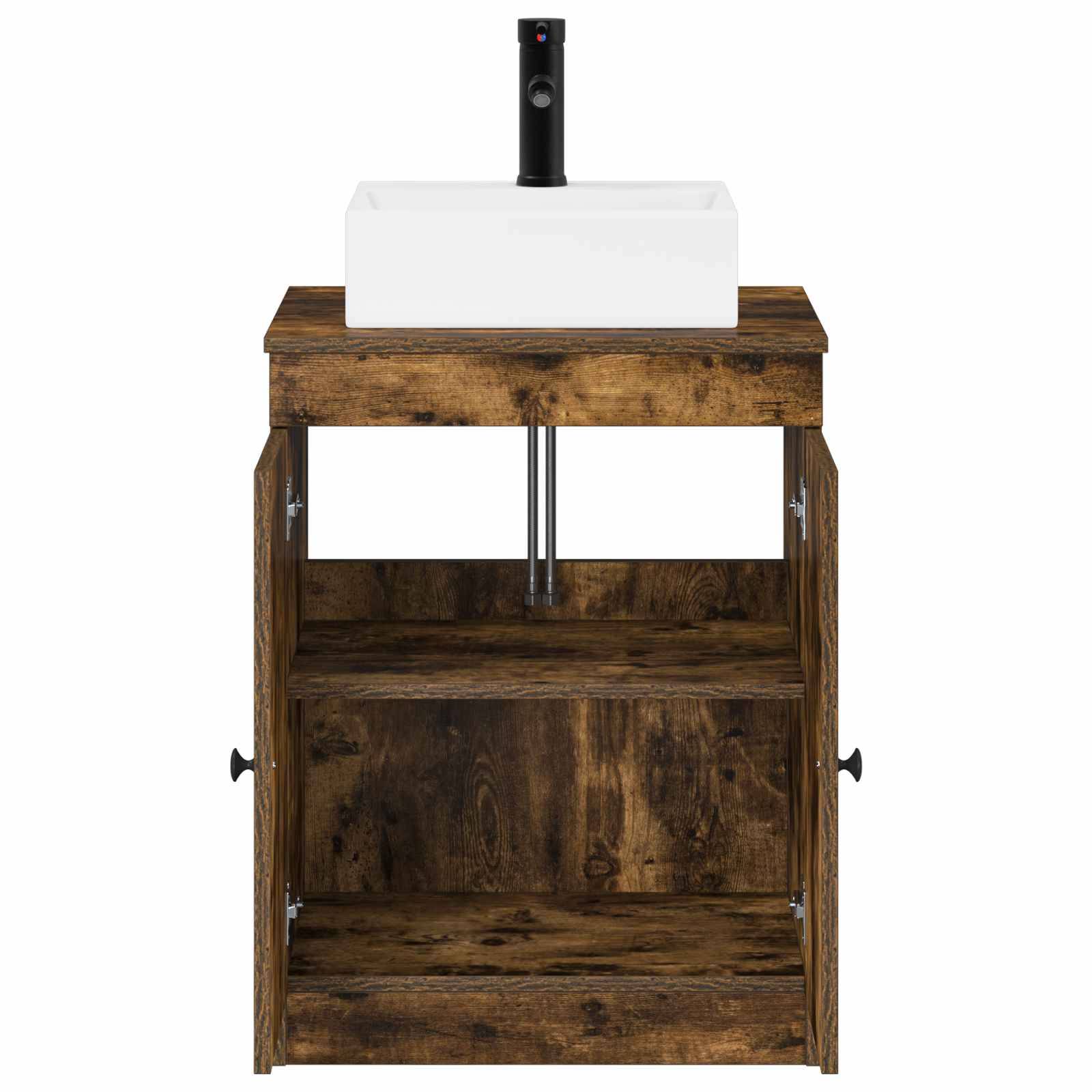 Rustikaler Holz-Badezimmertisch mit offenem Schrank und weißem Aufsatzwaschbecken, gekrönt von einer schwarzen Einhebelmischbatterie.