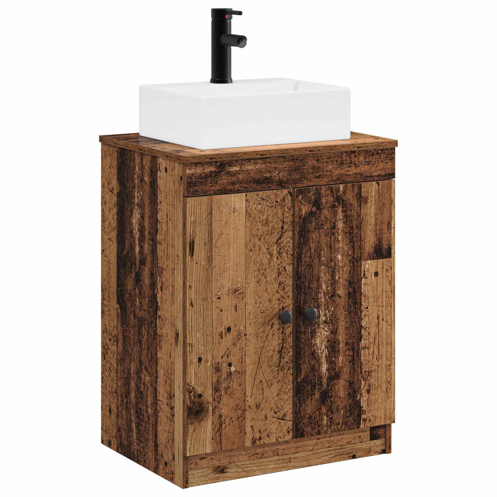 Rustikales Holzbadezimmer-Waschtischschrank mit weißem rechteckigem Waschbecken und schwarzem Wasserhahn oben.
