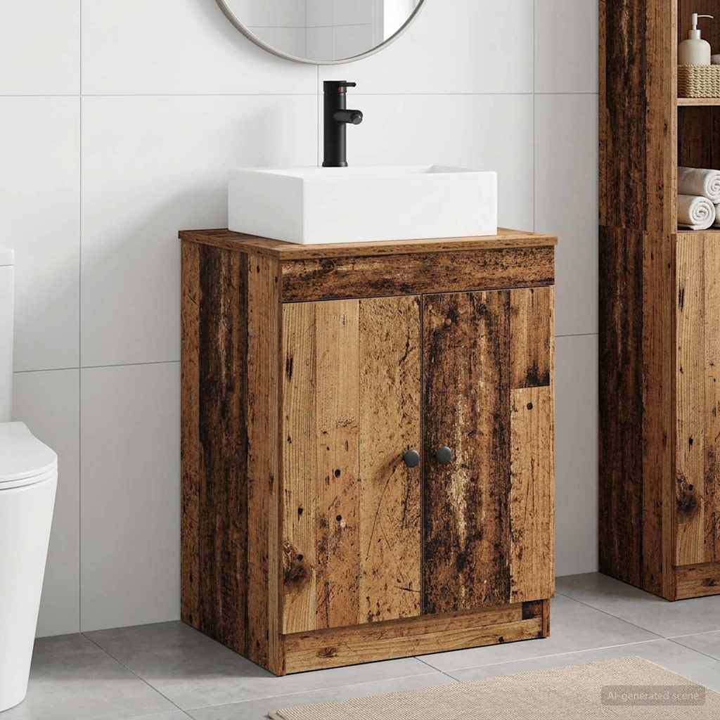 Rustikales Holzbadezimmerwaschbecken mit weißem rechteckigem Waschbecken und schwarzem Wasserhahn vor weißer Fliesenwand.