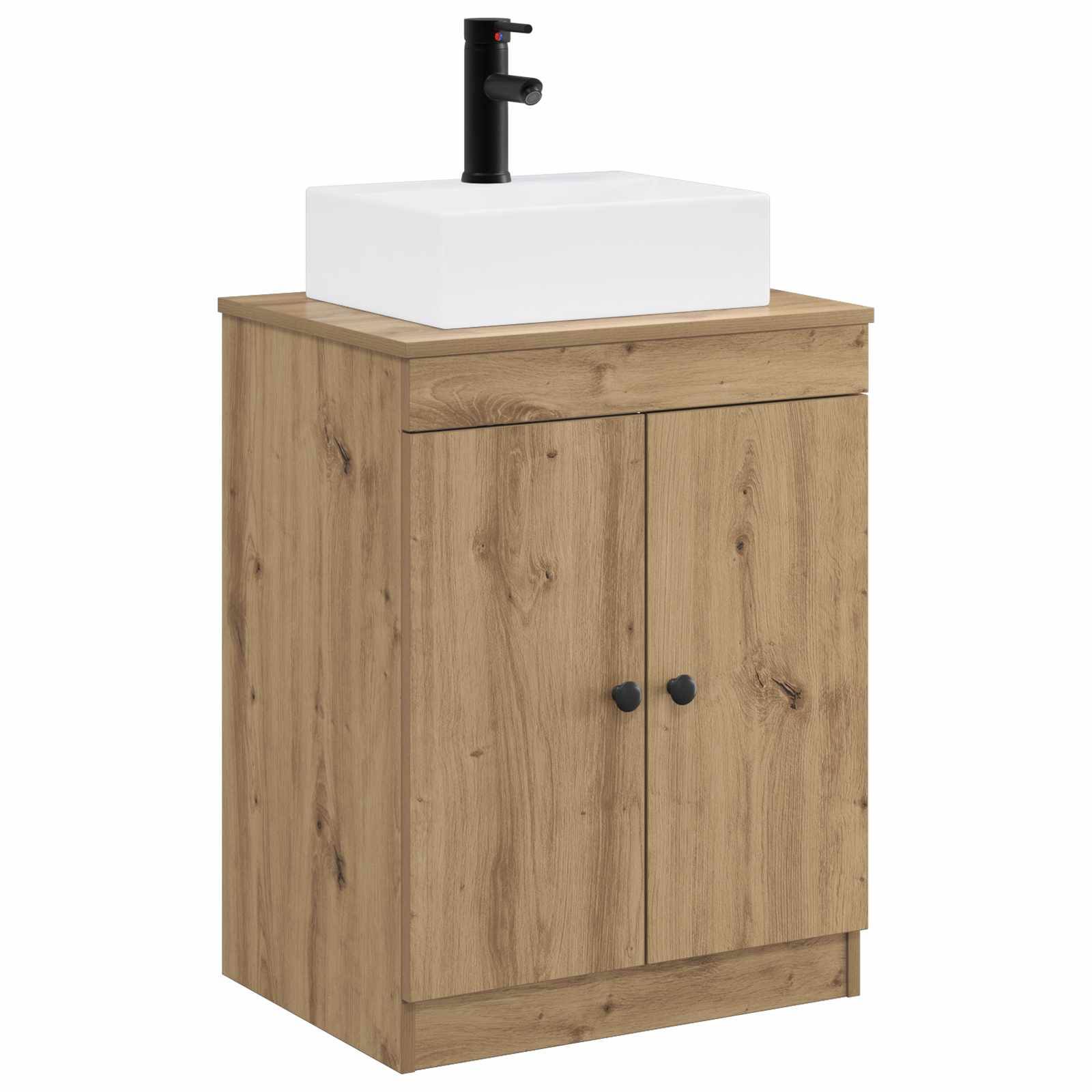 Holzwaschtischschrank für das Badezimmer mit weißem Aufsatzwaschbecken und schwarzer Armatur, gezeigt vor einem neutralen Hintergrund.