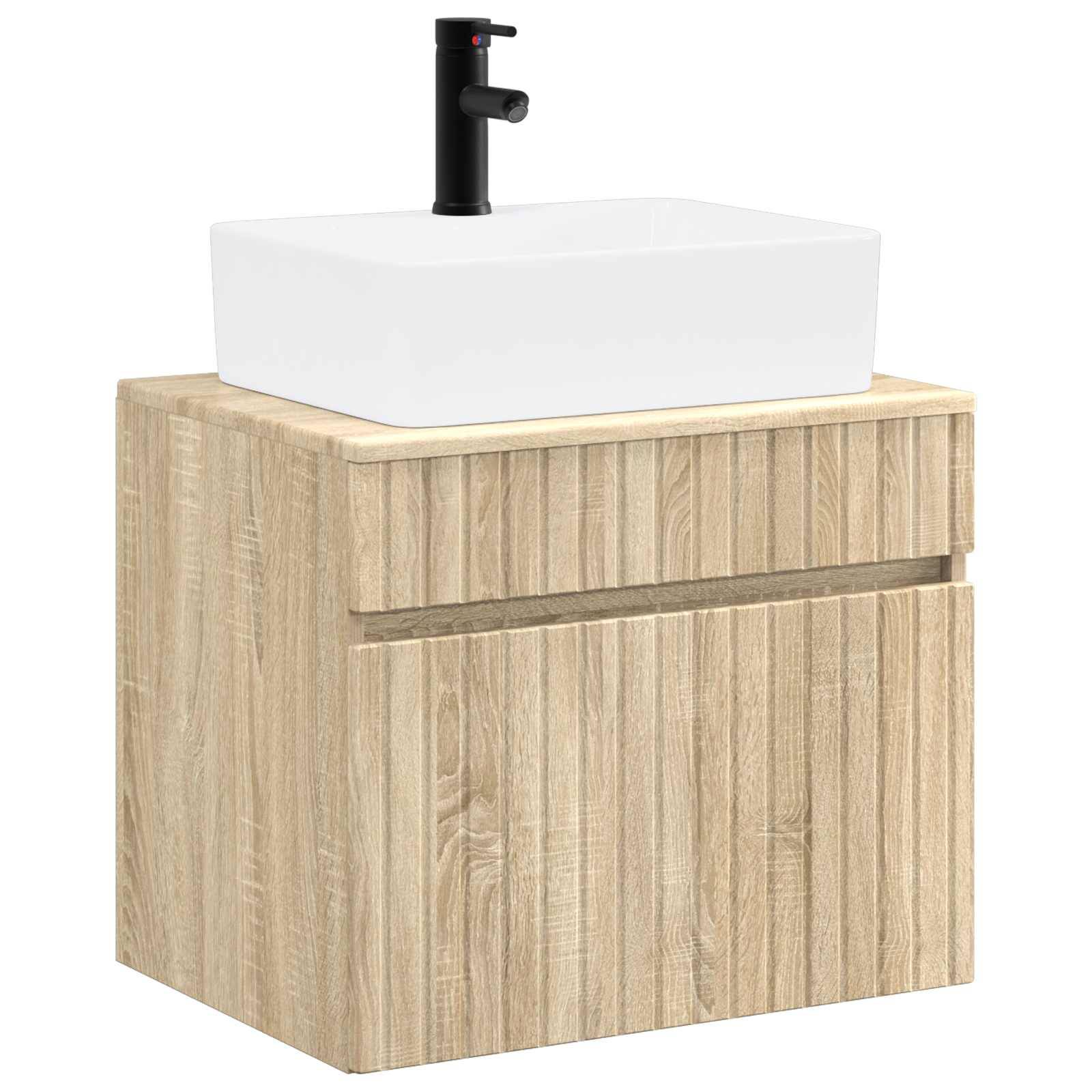 Badezimmer-Waschtischschrank mit Holzmaserung, weißem Aufsatzwaschbecken und schwarzem Wasserhahn.
