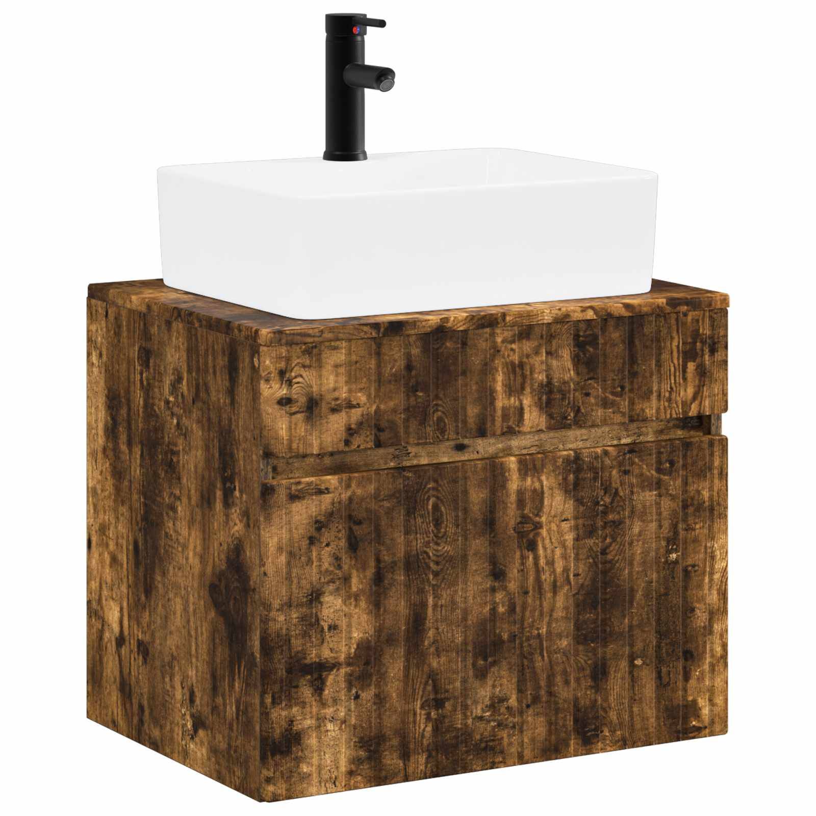 Modernes weißes Waschbecken auf einem rustikalen Holzwaschtisch mit schwarzem Wasserhahn, vor einem schlichten weißen Hintergrund dargestellt.