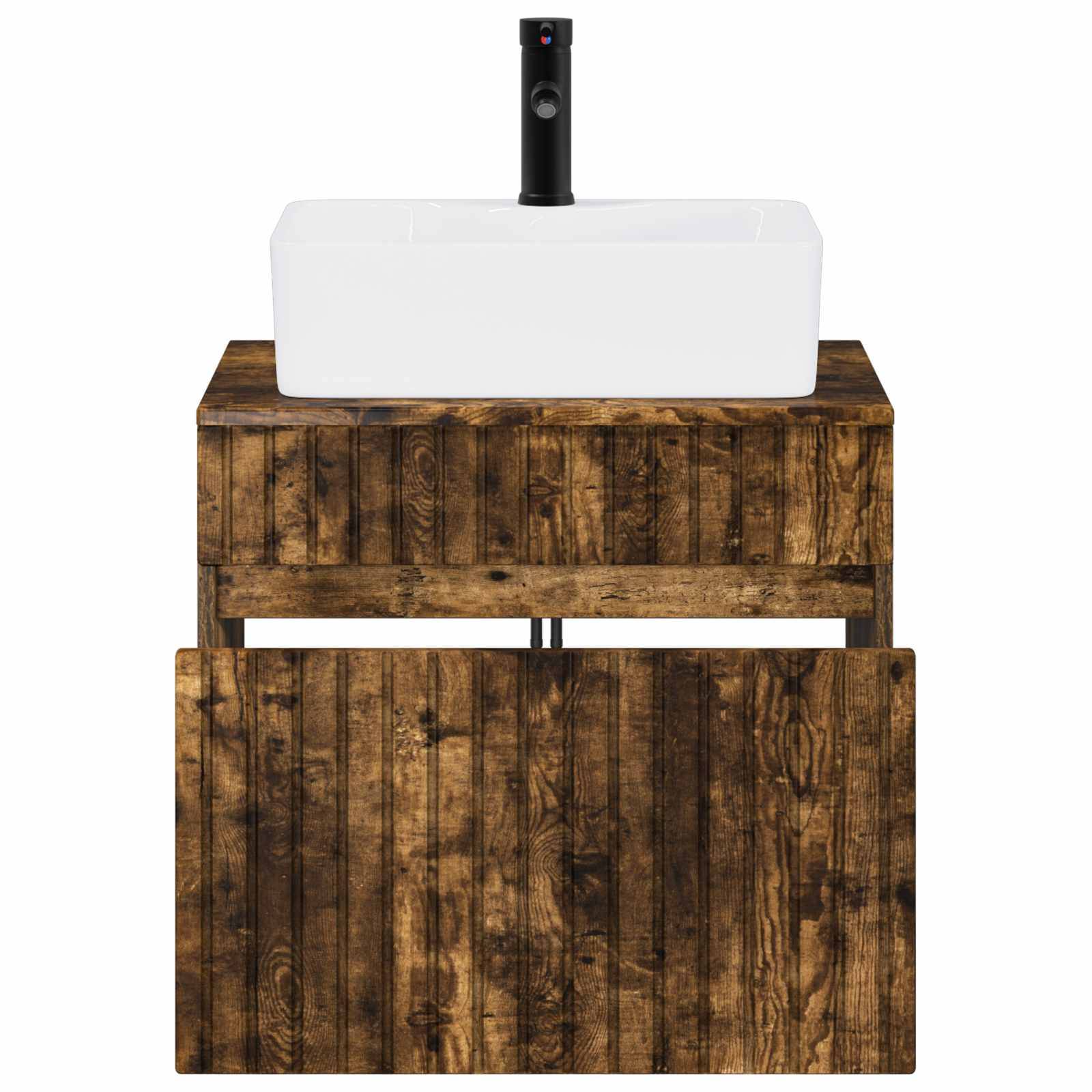 Badezimmer-Waschtisch mit Holzmaserung, weißem rechteckigem Waschbecken und schwarzem Einhebel-Wasserhahn auf einem rustikalen Schrank mit passenden Türen.