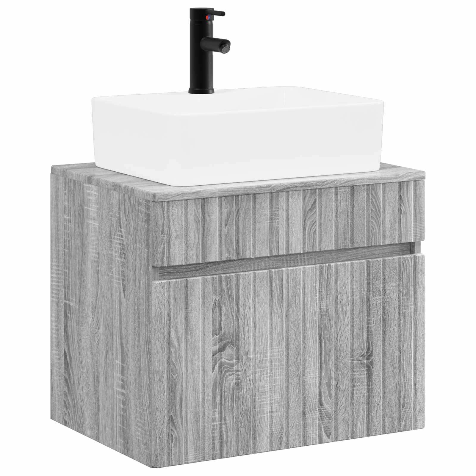 Moderner grauer Holz-Waschtischschrank mit weißem rechteckigem Waschbecken und schwarzem Wasserhahn auf weißem Hintergrund.