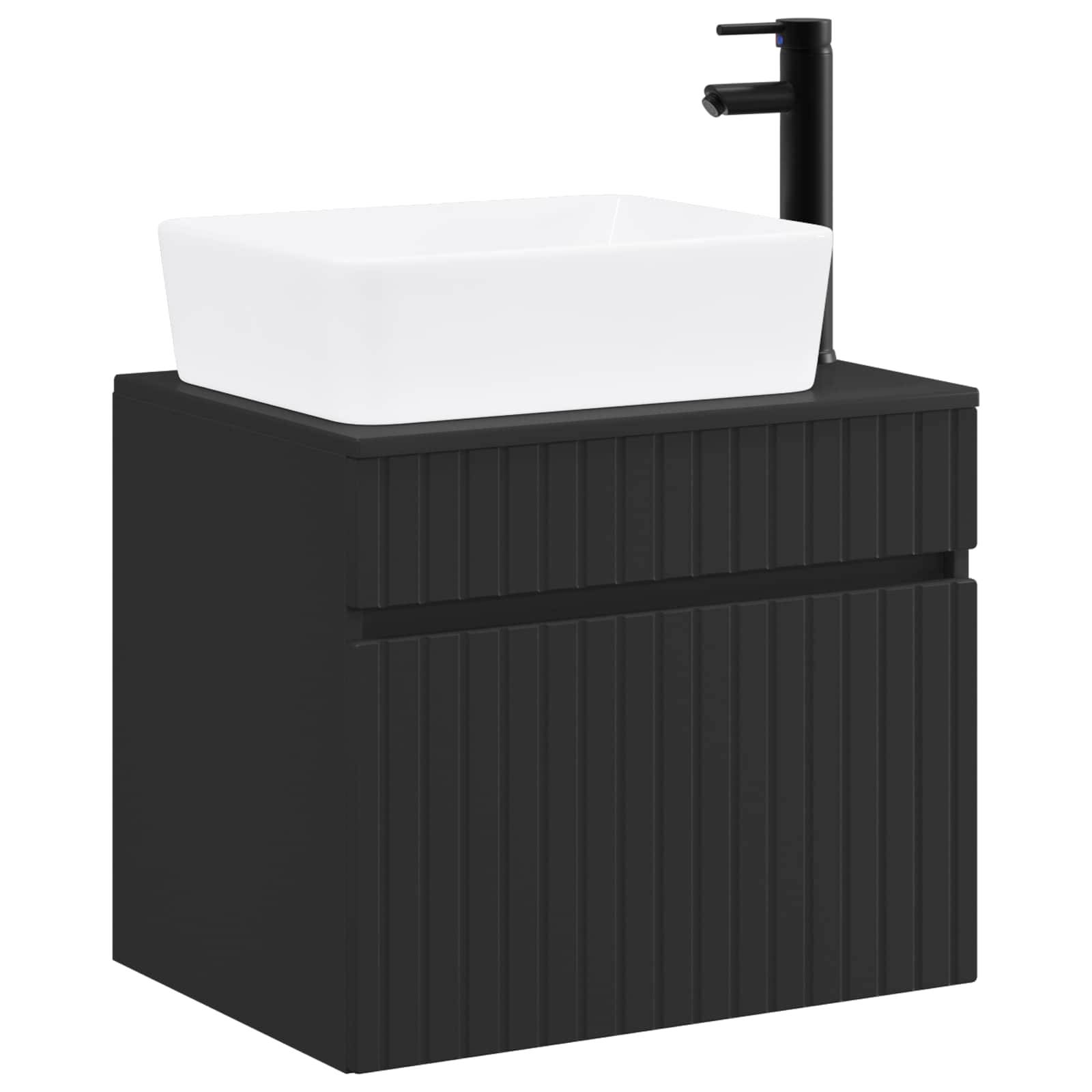 Schwarzes Waschtischunterschrank mit weißem rechteckigem Becken und hohem schwarzem Wasserhahn, auf einfachem Hintergrund dargestellt.