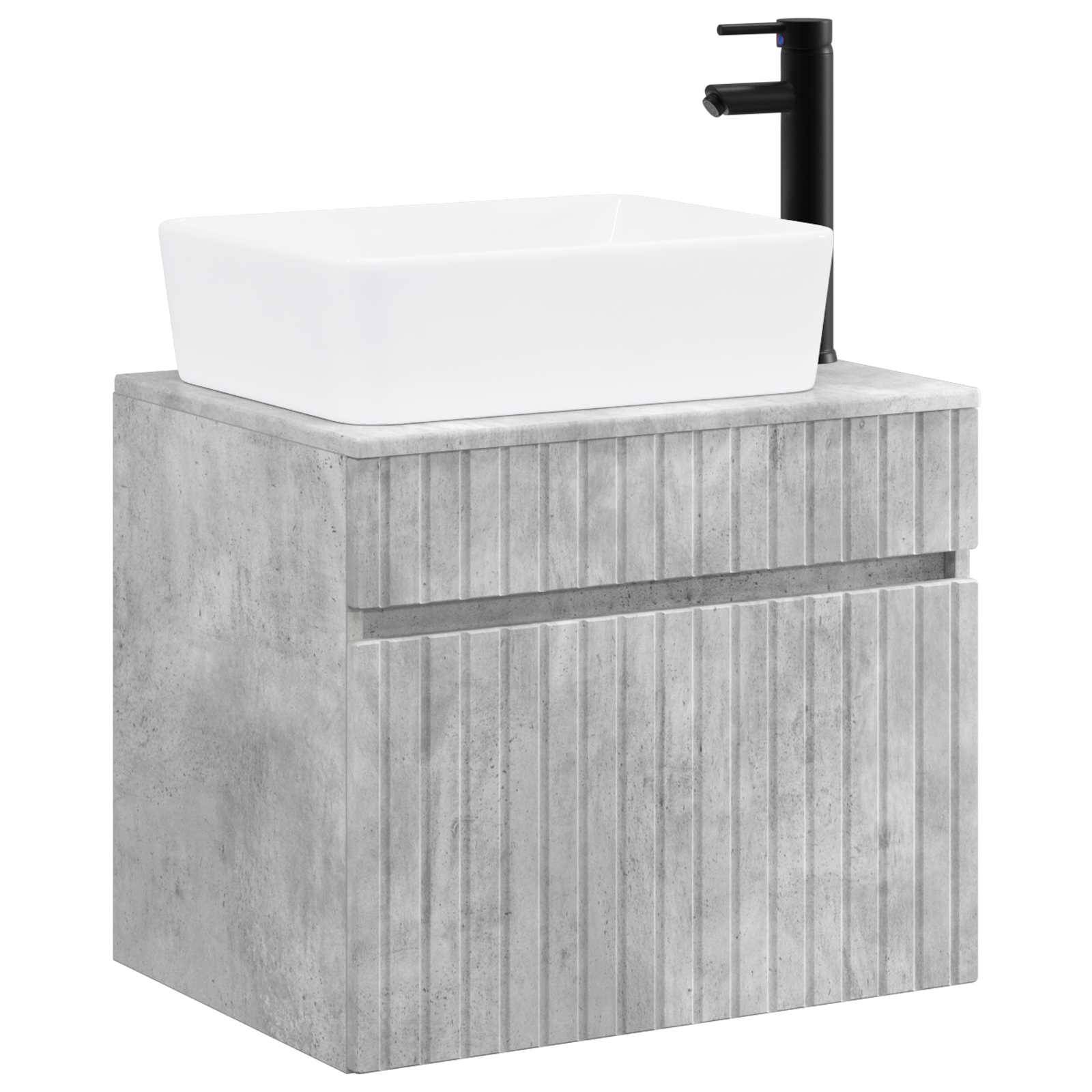 Modernes Badezimmer-Waschtisch mit weißem Aufsatzwaschbecken, schwarzem Wasserhahn und grauem Schrank mit Betonoptik und vertikaler Panelierung.