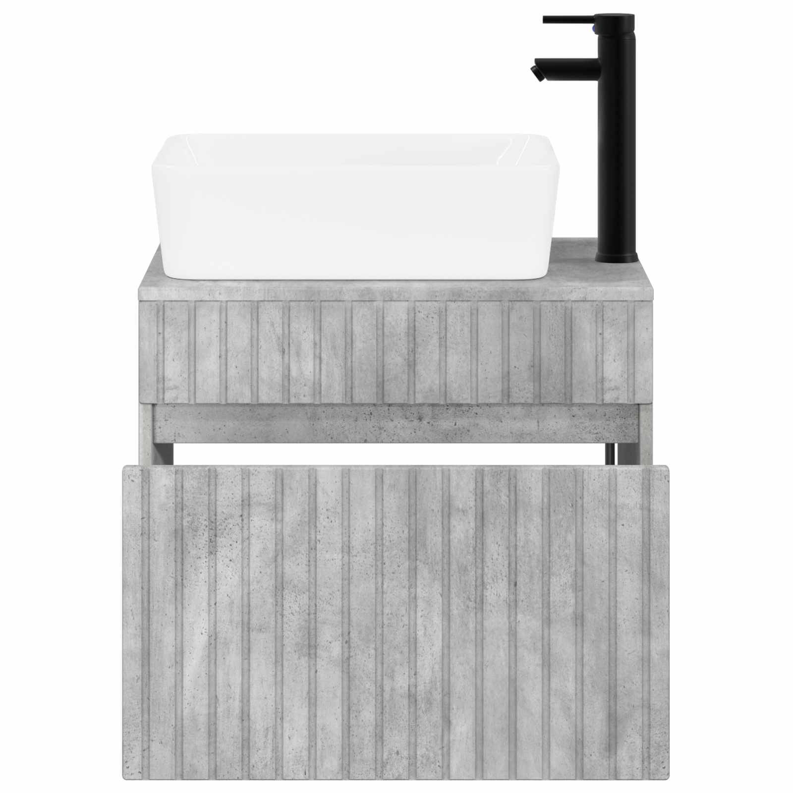 Modernes Badezimmerwaschtisch mit weißem Aufsatzwaschbecken, schwarzem Wasserhahn und Schrank im Betonlook mit großem Frontpaneel
