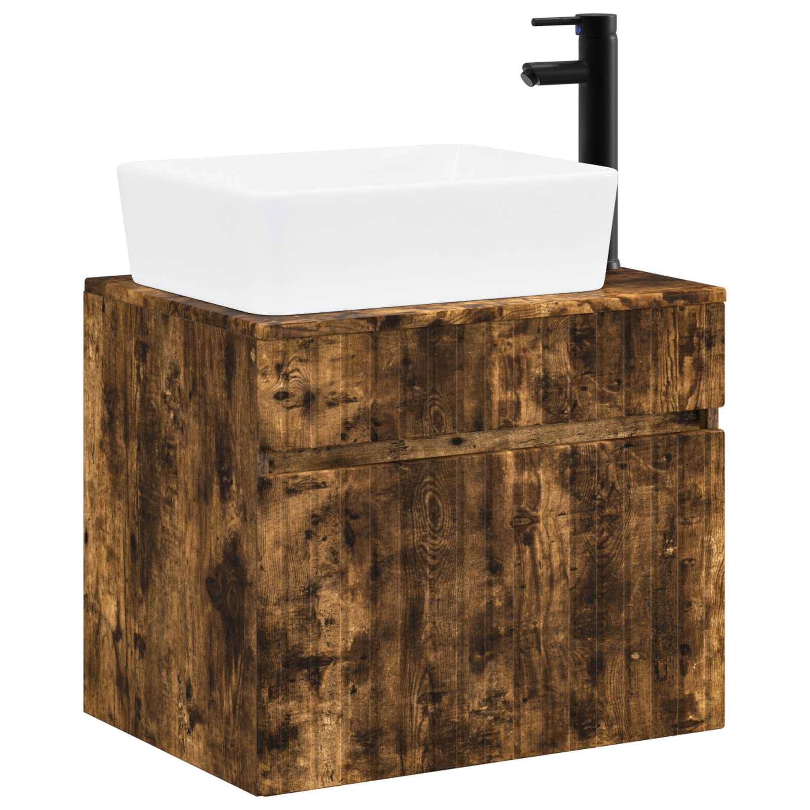 Rustikales Holz-Badezimmerwaschtisch mit weißem Aufsatzwaschbecken und schwarzem Wasserhahn, gezeigt vor einem einfachen weißen Hintergrund.