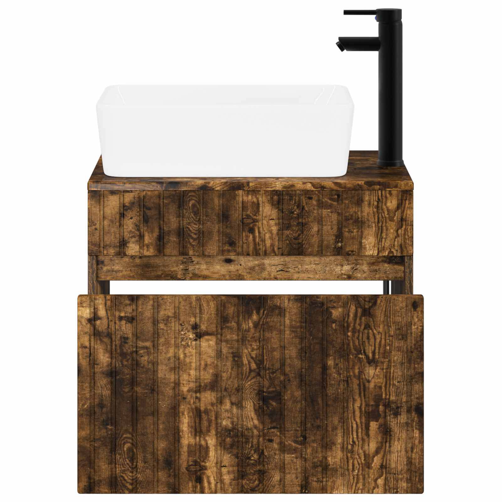 Rustikale Holzbadezimmerkonsole mit weißem rechteckigem Aufsatzwaschbecken und schwarzem Wasserhahn, dargestellt mit geöffneter Schrankfront.