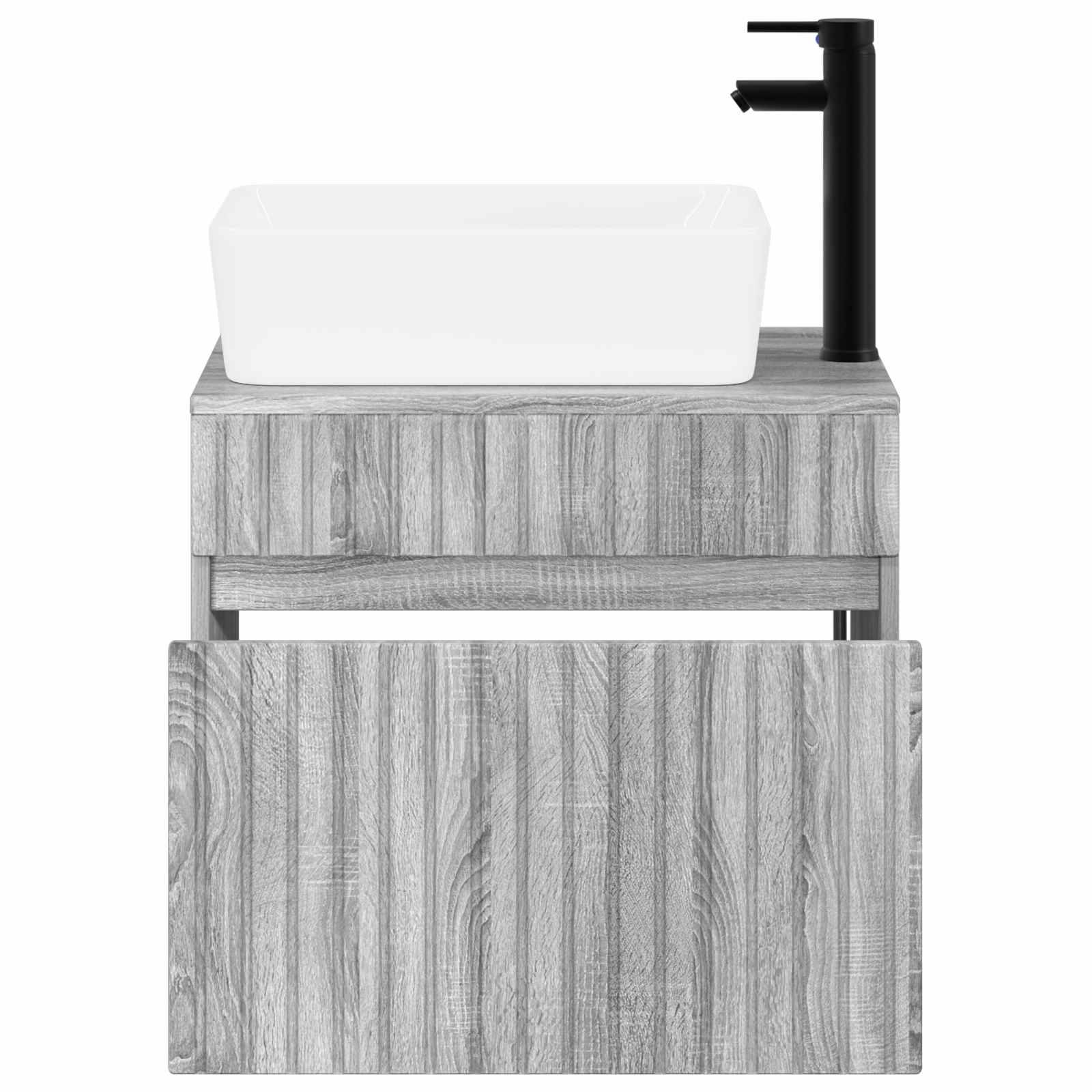 Grau getönte Badezimmerkommode mit einem weißen rechteckigen Aufsatzwaschbecken und schwarzem Wasserhahn, gezeigt mit geöffneter unterer Schrankttür.