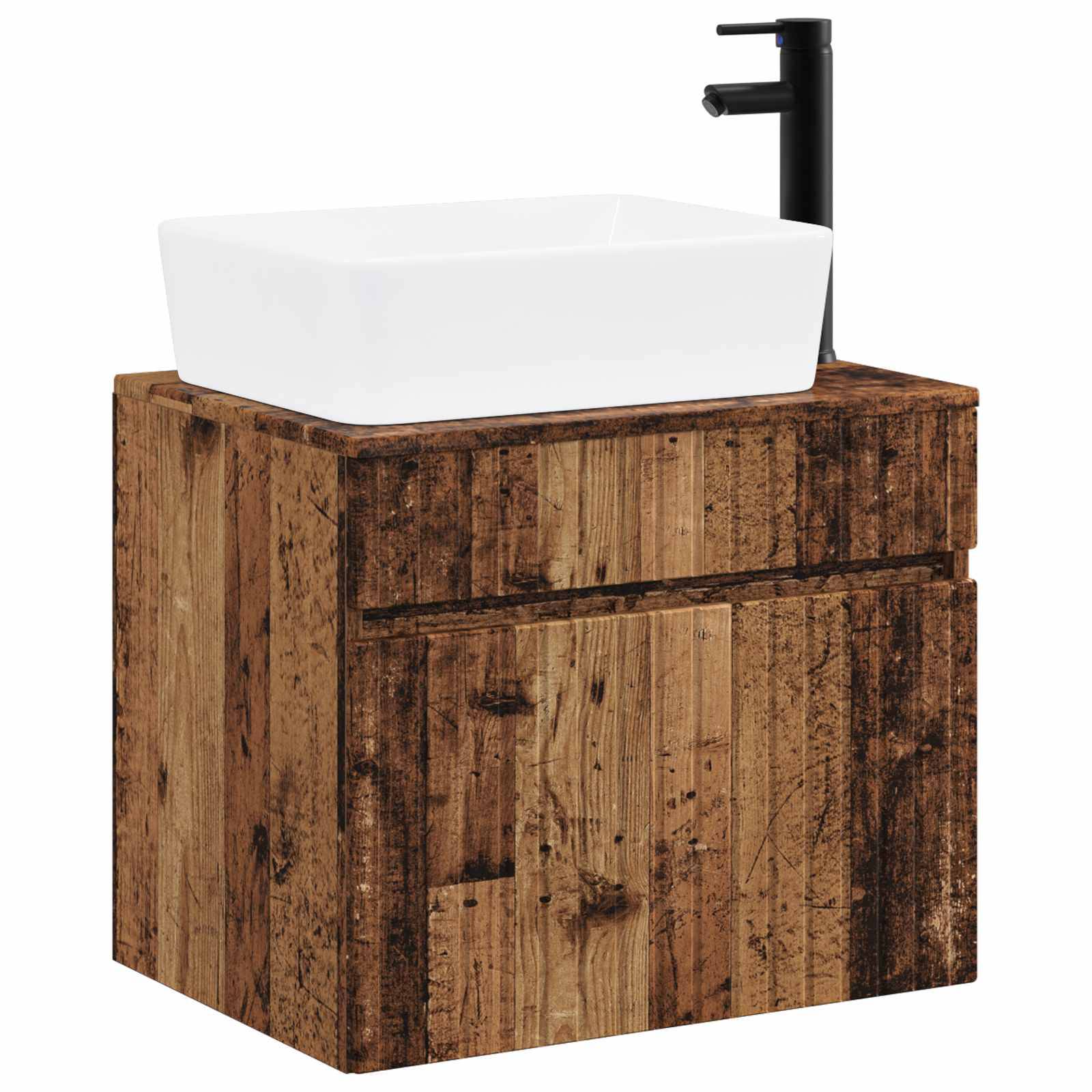 Badezimmer-Waschtisch mit Holzmaserung, weißem Aufsatzbecken und schwarzem Wasserhahn vor neutralem Hintergrund.