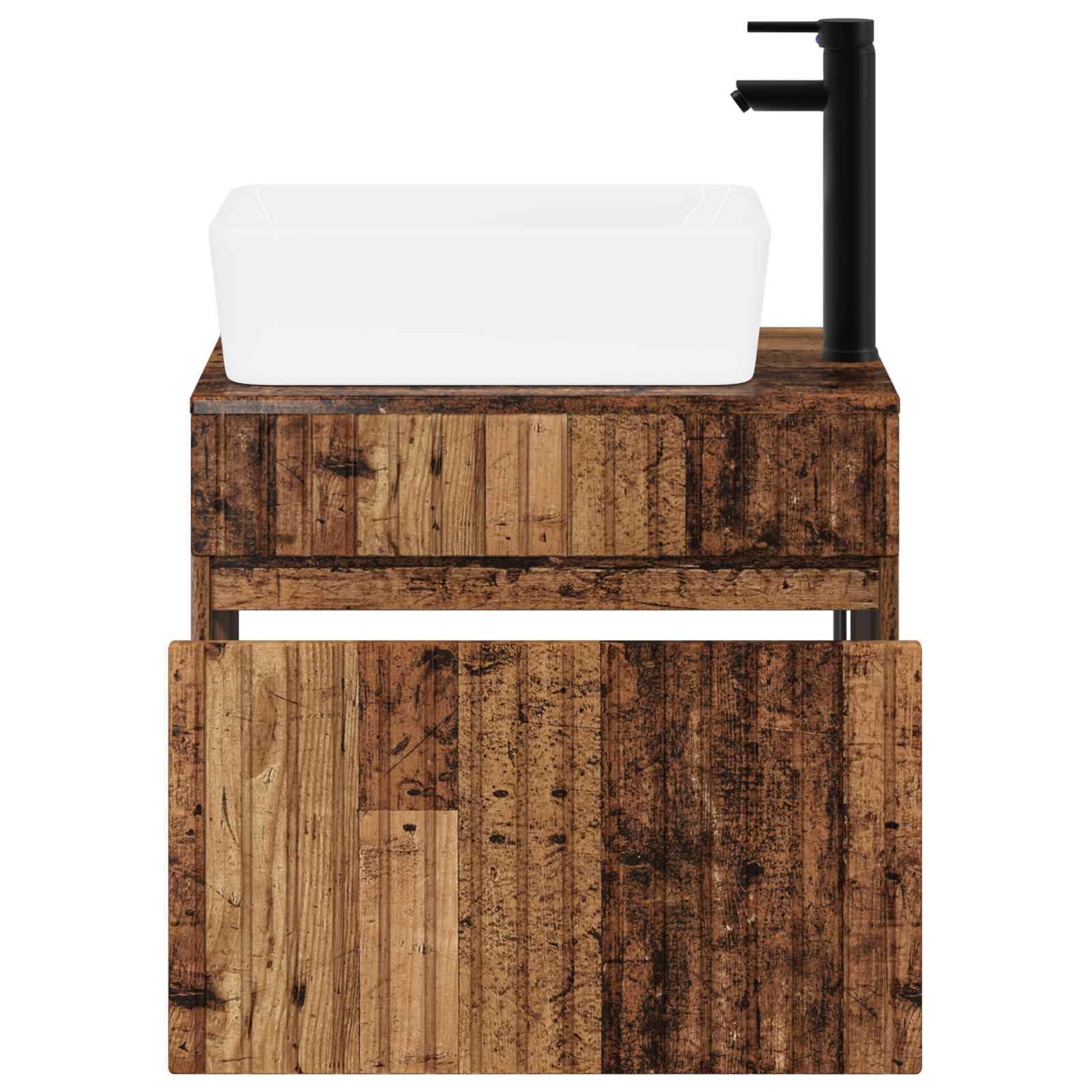 Rustikales Badezimmerwaschbecken aus Holz mit einem weißen rechteckigen Waschbecken und schwarzem Wasserhahn, gezeigt mit geöffneter Schranktür.