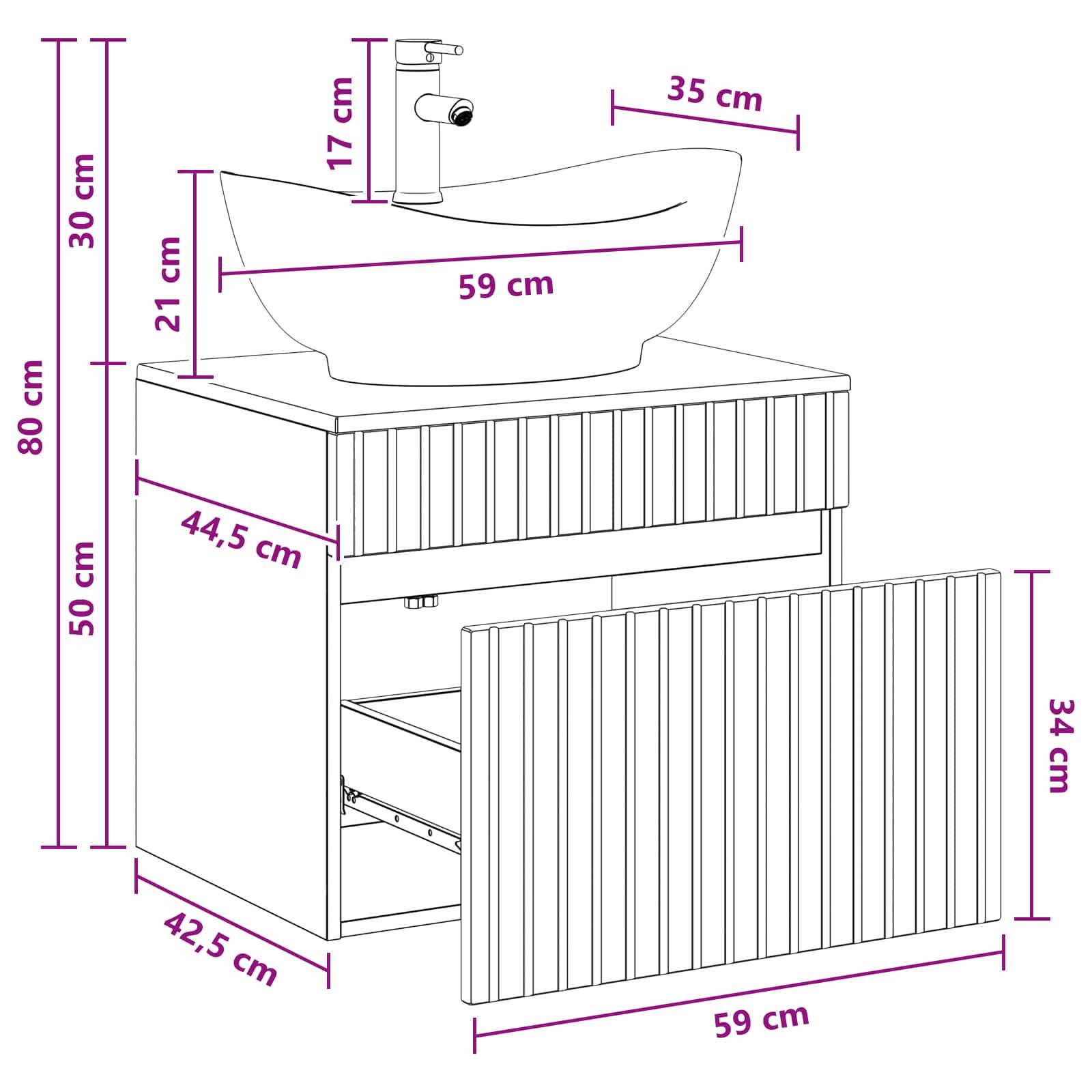 Badezimmerschrank mit Waschbecken, gezeigt mit Abmessungen: 80 cm hoch, 59 cm breit, 42,5 cm tief, und Waschbeckenabmessungen mit 59 cm mal 35 cm gekennzeichnet.