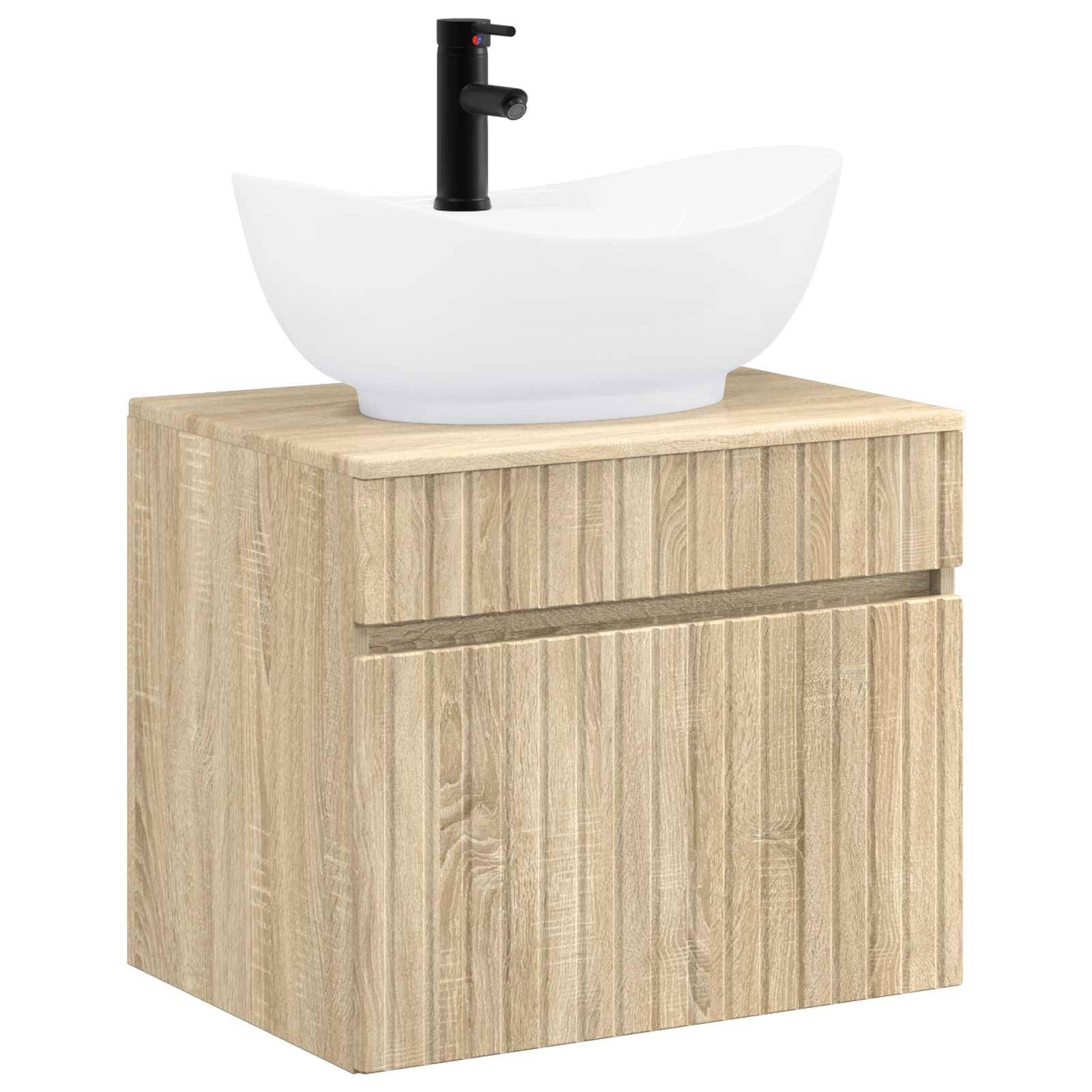 Helleres Holz-Badezimmerwaschbecken mit weißem Aufsatzwaschbecken und schwarzem Wasserhahn oben.