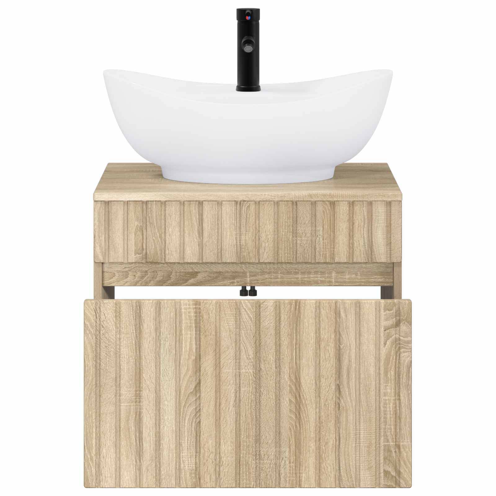 Modernes Badezimmer-Waschtisch mit weißem Aufsatzwaschbecken und schwarzem Wasserhahn auf einem hellen Holzschrank, Vorderansicht mit geöffneter unterer Schranktur.