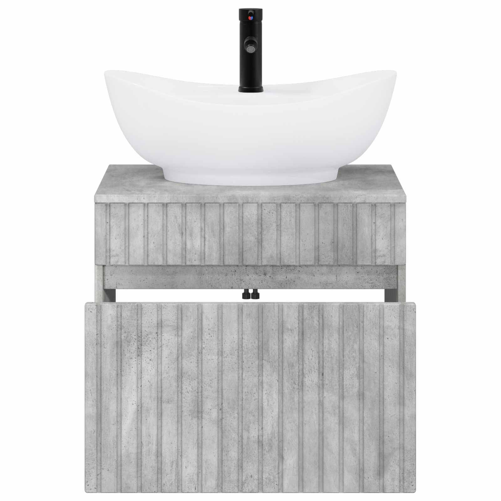 Modernes Badezimmer-Waschtisch mit weißem Aufsatzwaschbecken und schwarzem Wasserhahn auf einem grauem, betonoptik-Unterschrank mit zwei Türen.