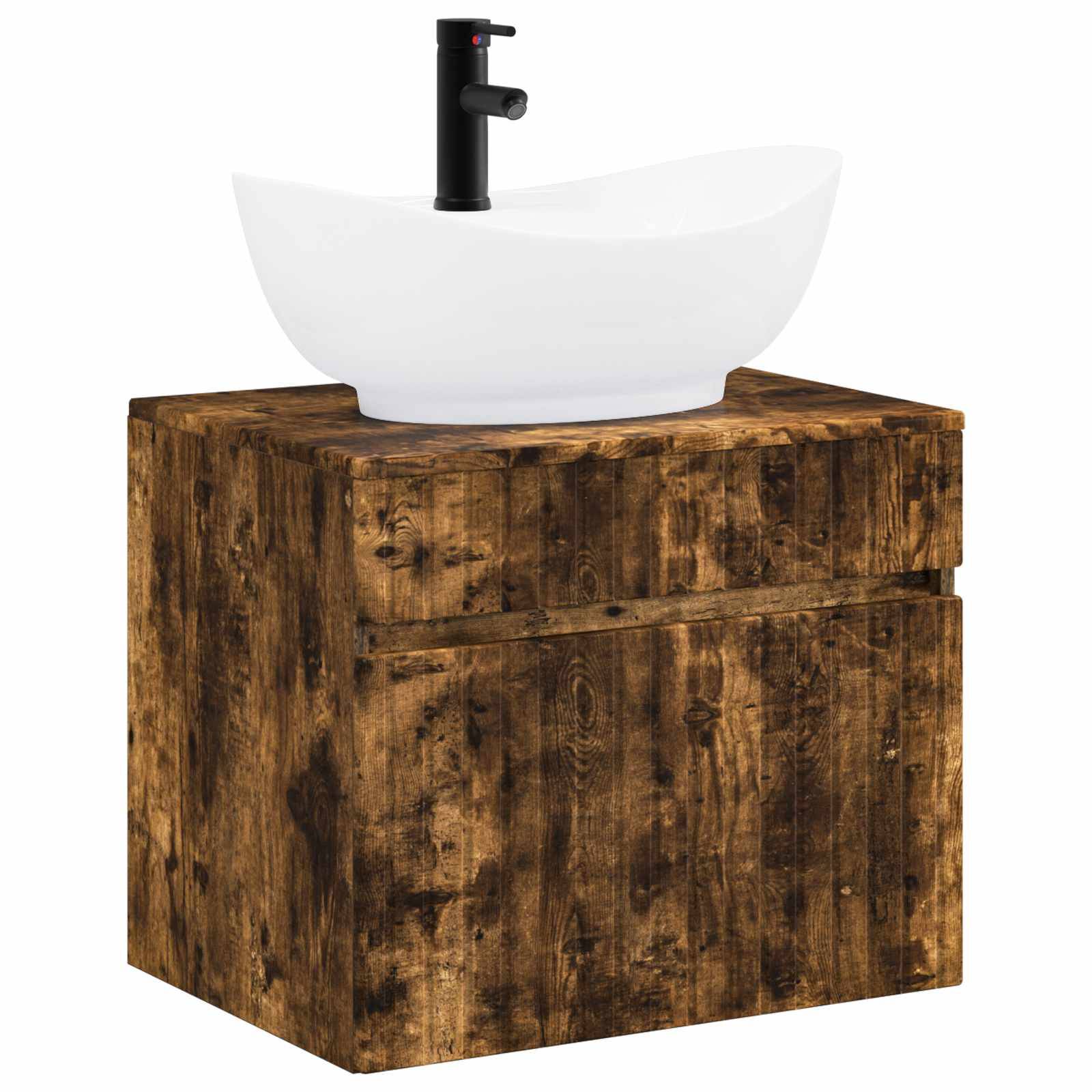 Weißes Waschbecken mit schwarzem Wasserhahn auf einem rustikalen Badezimmerschrank aus Holz.