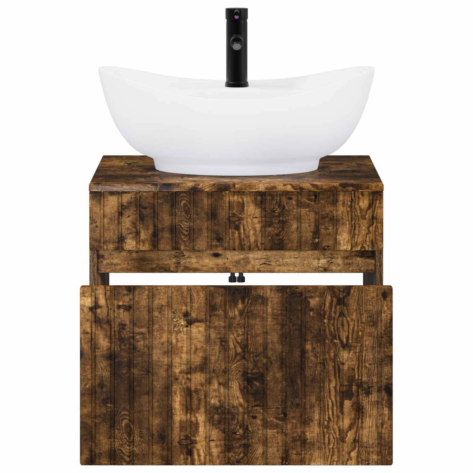 Modernes Badezimmerwaschtisch mit weißem Aufsatzwaschbecken und schwarzem Wasserhahn auf einem rustikalen Holzschrank mit zwei Türen.