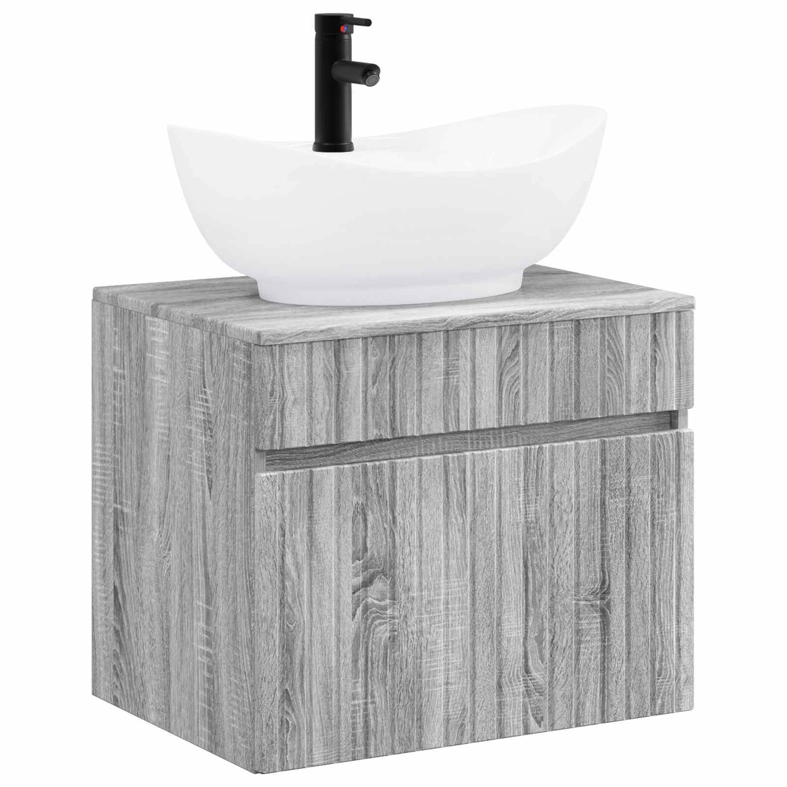 Modernes Badezimmer-Waschtisch mit grauem Holzschrank, weißem Aufsatzwaschbecken und mattschwarzer Armatur auf weißem Hintergrund.